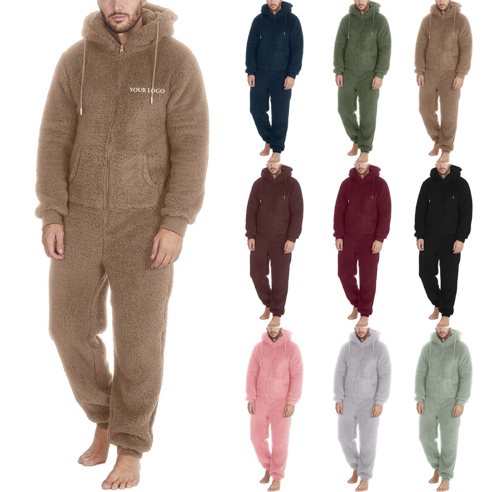 Men's Couple Zippered Warm Plush Jumpsuit Warm Pajamas Overall Sleepwear 2
