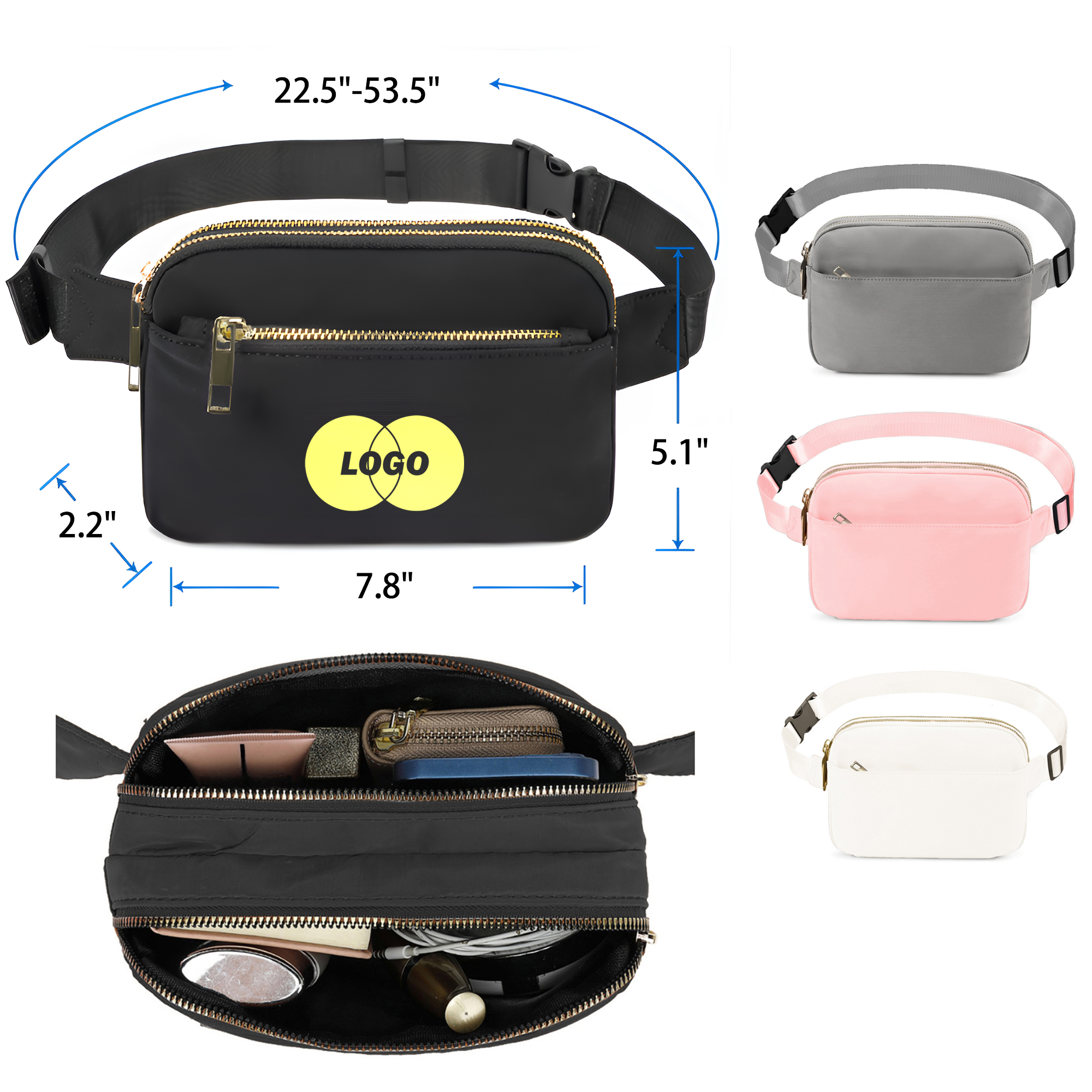 MOQ 50 PCS Durable Solid Color Multi Pocket Waist Bag 4