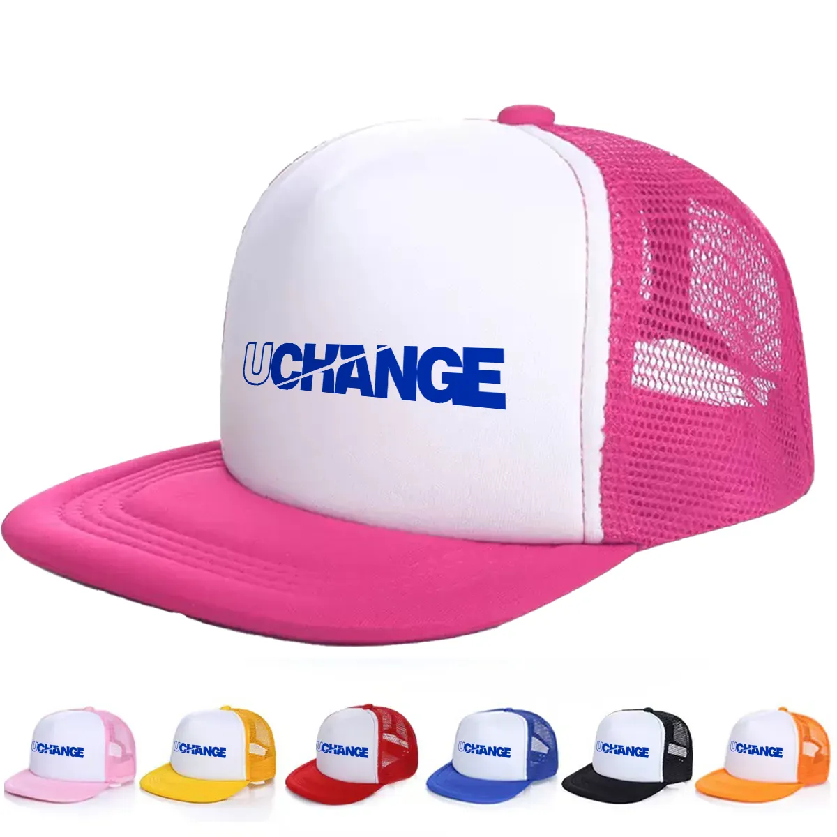 Pink Customizable Flat Bill Mesh Back Trucker Hat 7