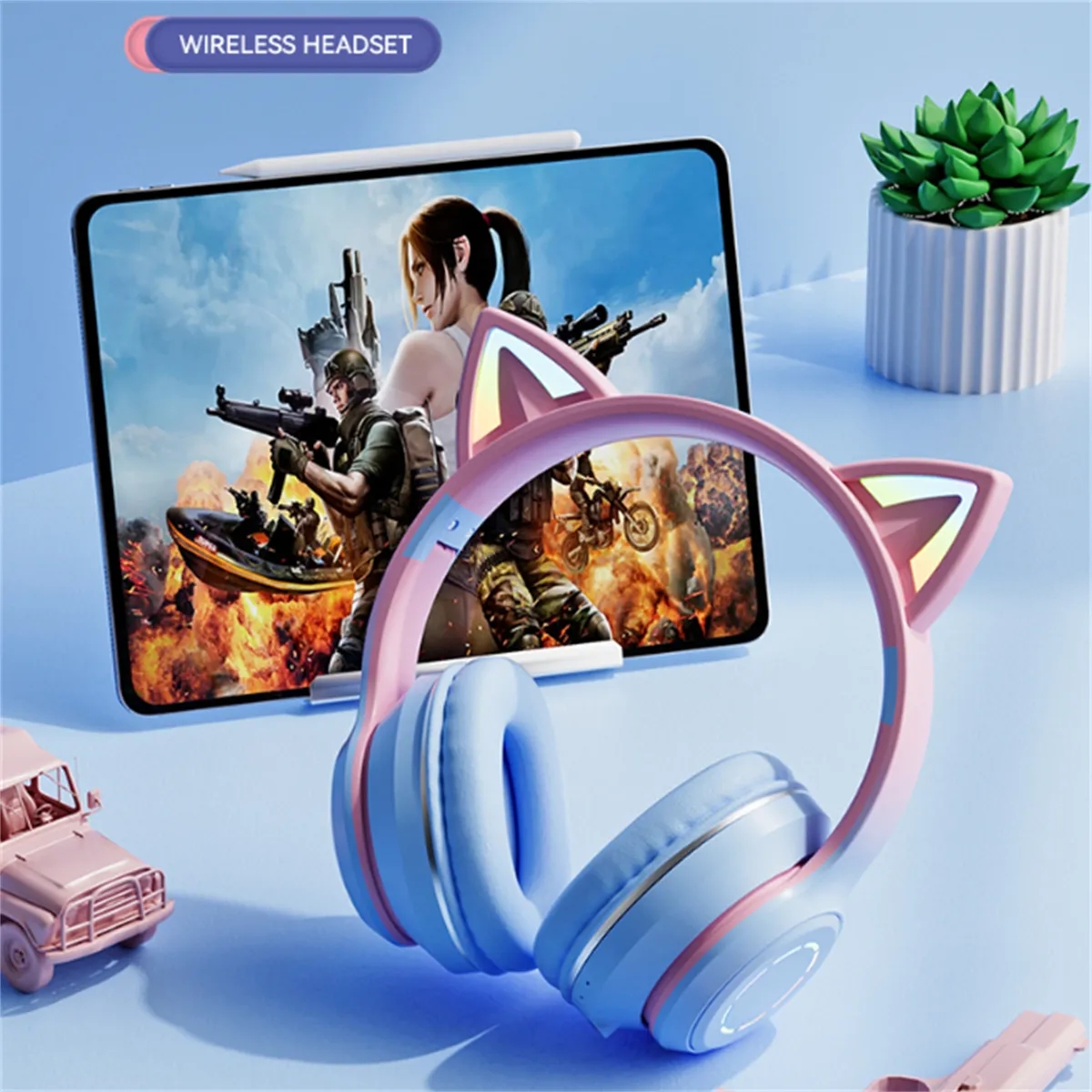 Bluetooth Wireless Headphones LED Lights Cat Ear Over-Ear 4