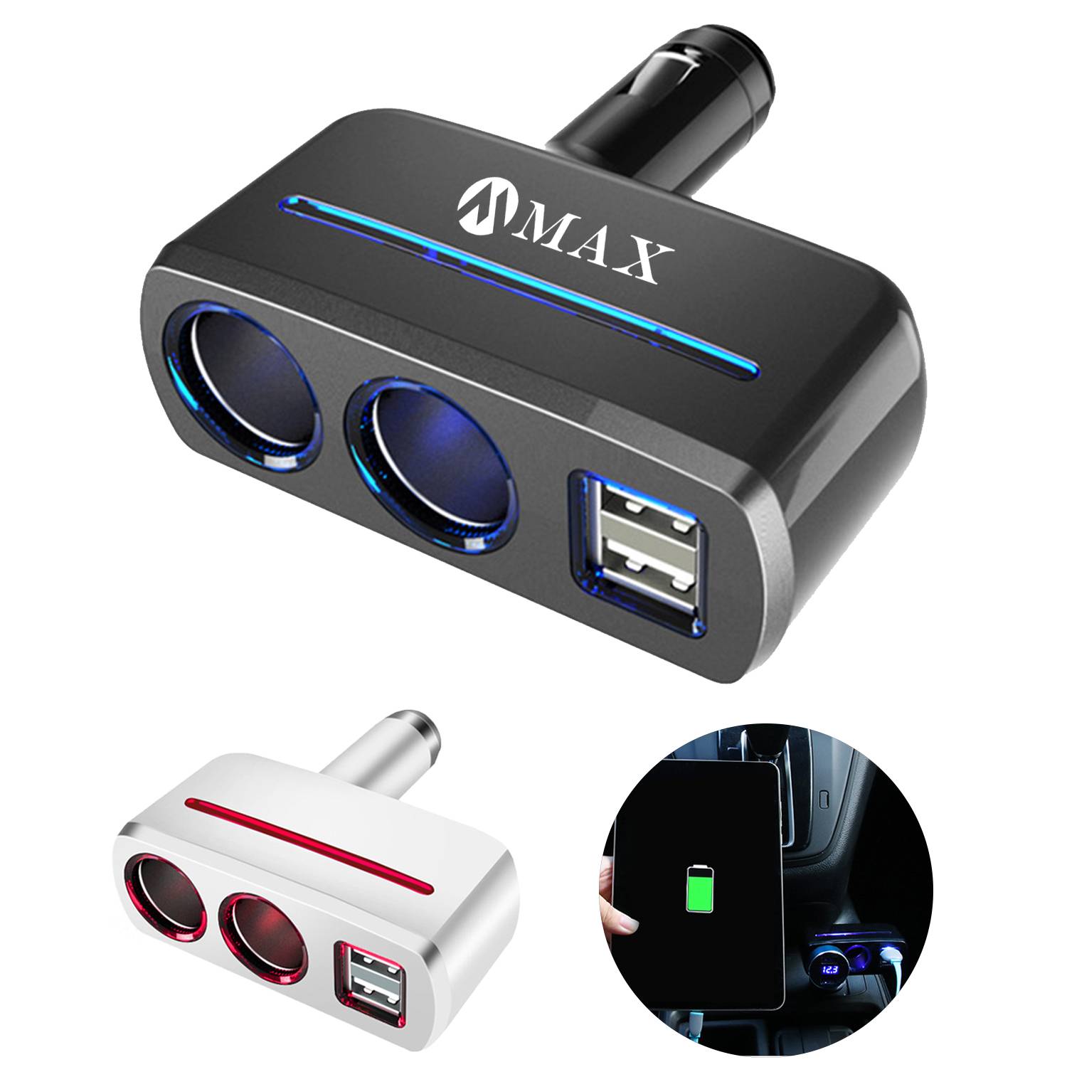 2 Socket Car Cigarette Lighter Splitter Adapter 12/24V 80W 6