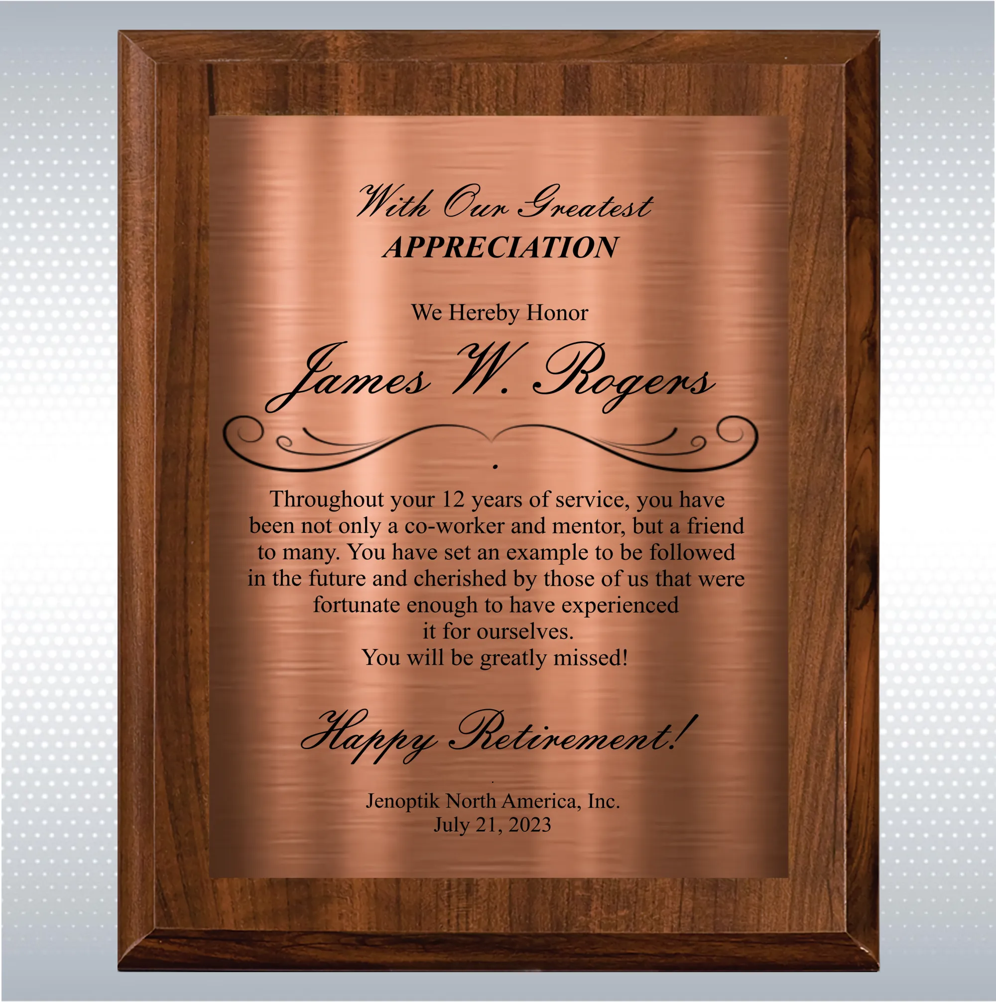Cherry Finish Plaque Retirement Gift Award 18