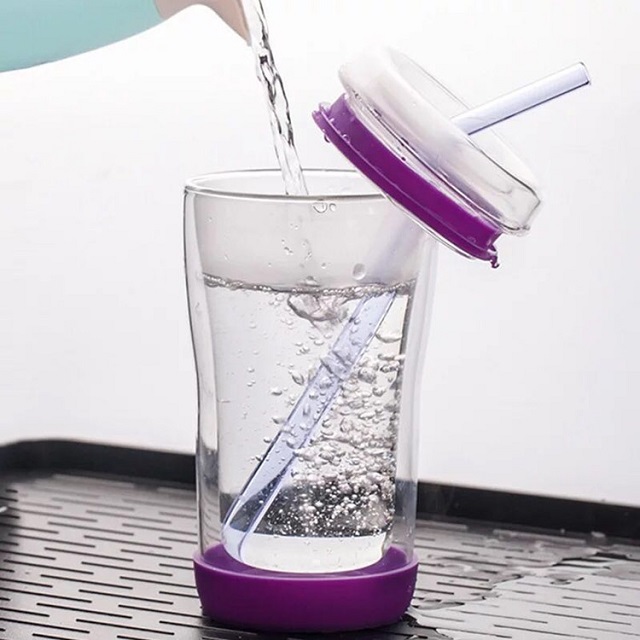 Double Wall Glass Juice Cup w/ Glass Lid & Straw 10 oz 8