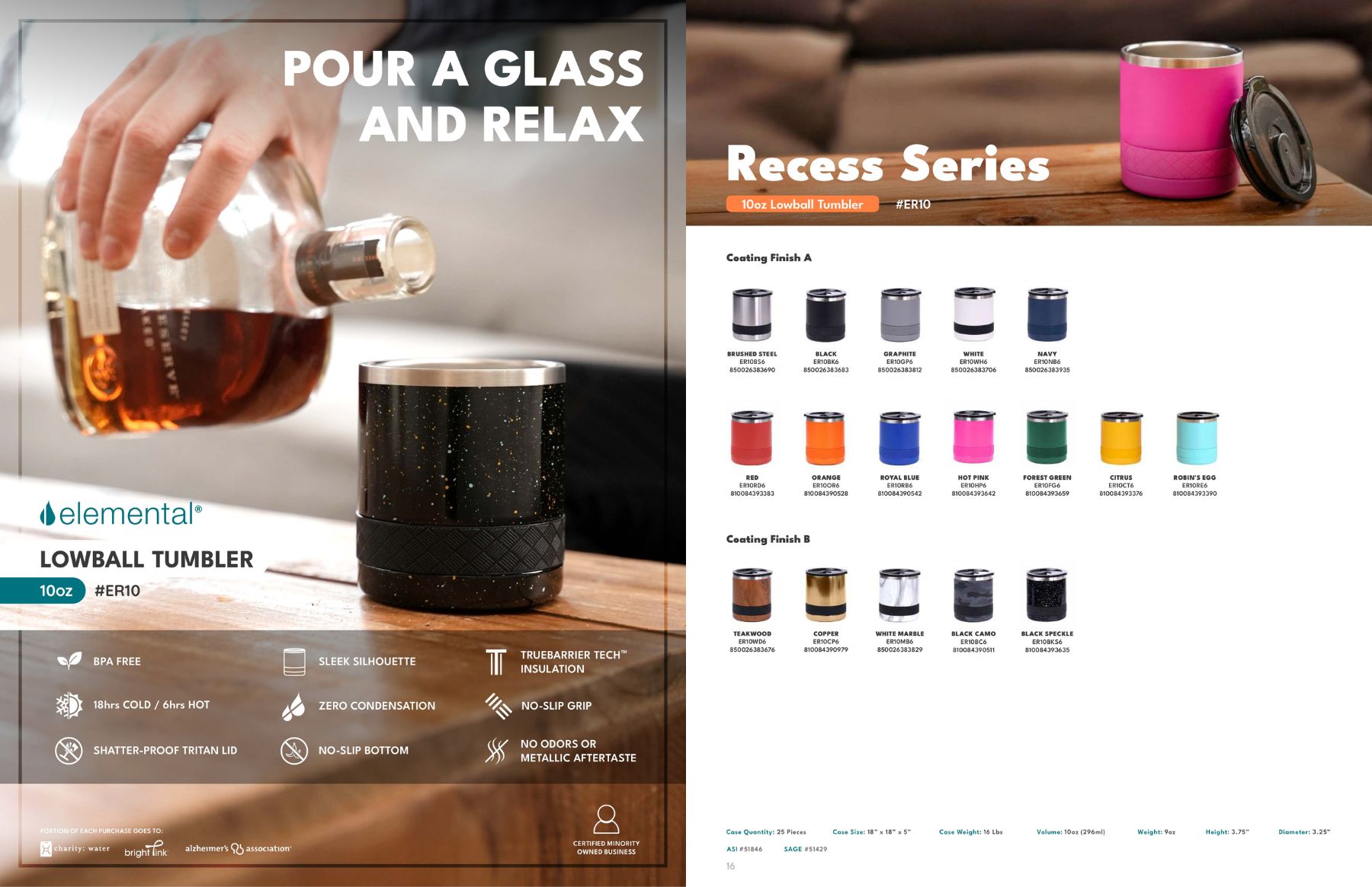 Elemental® Recess Lowball 10oz Stainless Steel Tumbler with Shatter-free Lid 24