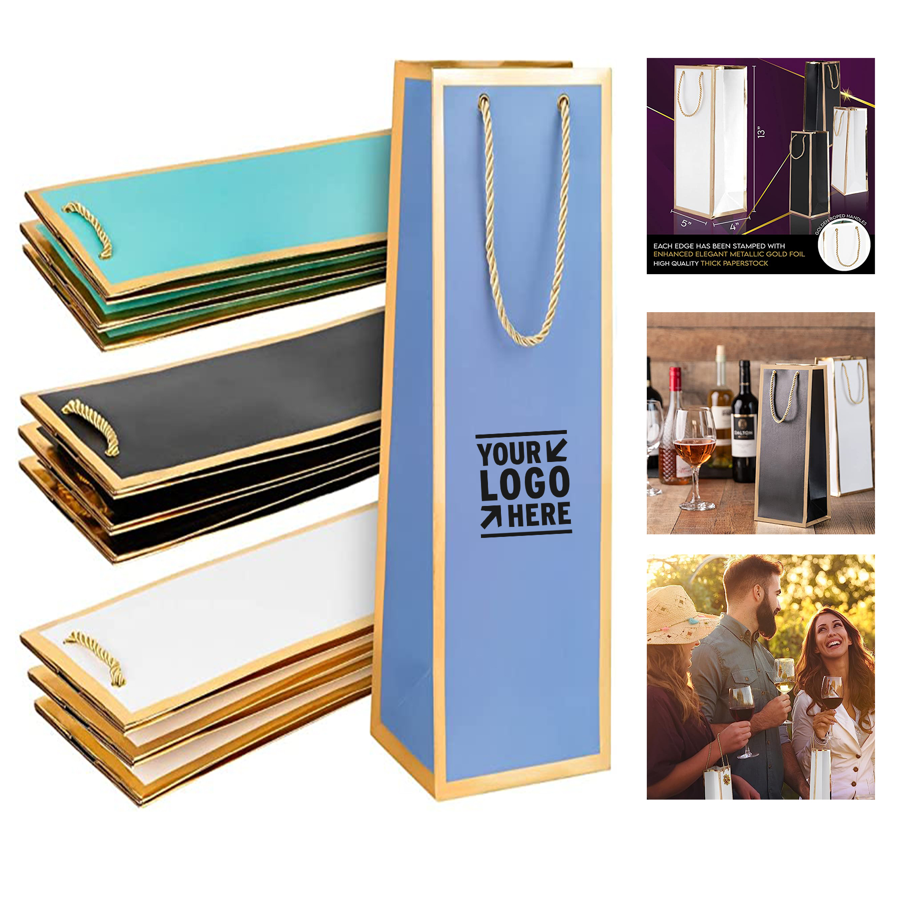 5 x 14 x 3 in Gold Foil Wine Bag with Rope Handle