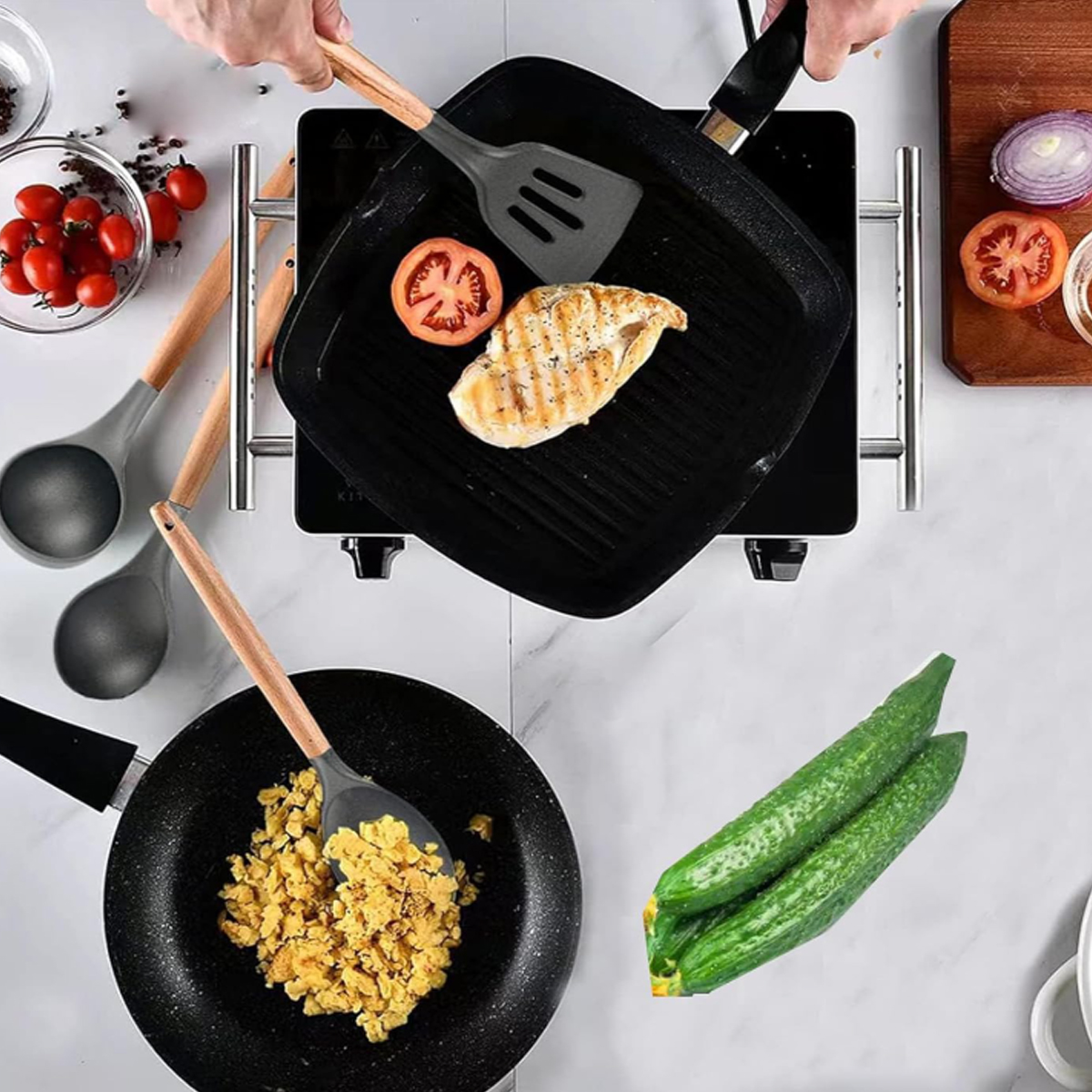 12-Piece Silicone Kitchen Utensil Set with Wood Handles 2