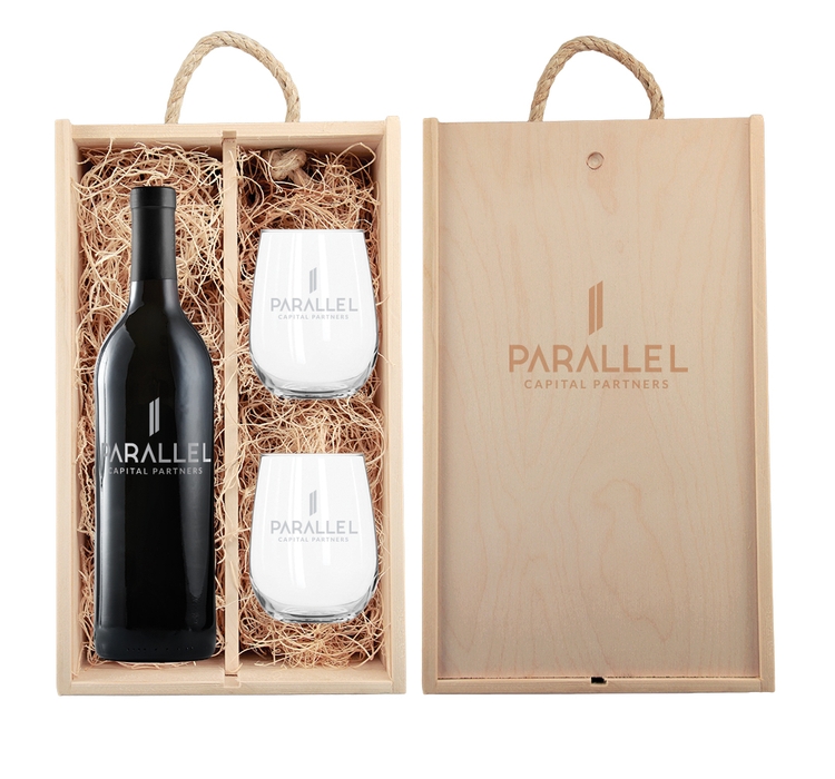 Laser-Engraved Wood Box w/Custom Etched Cabernet Wine Bottle + Glasses 1