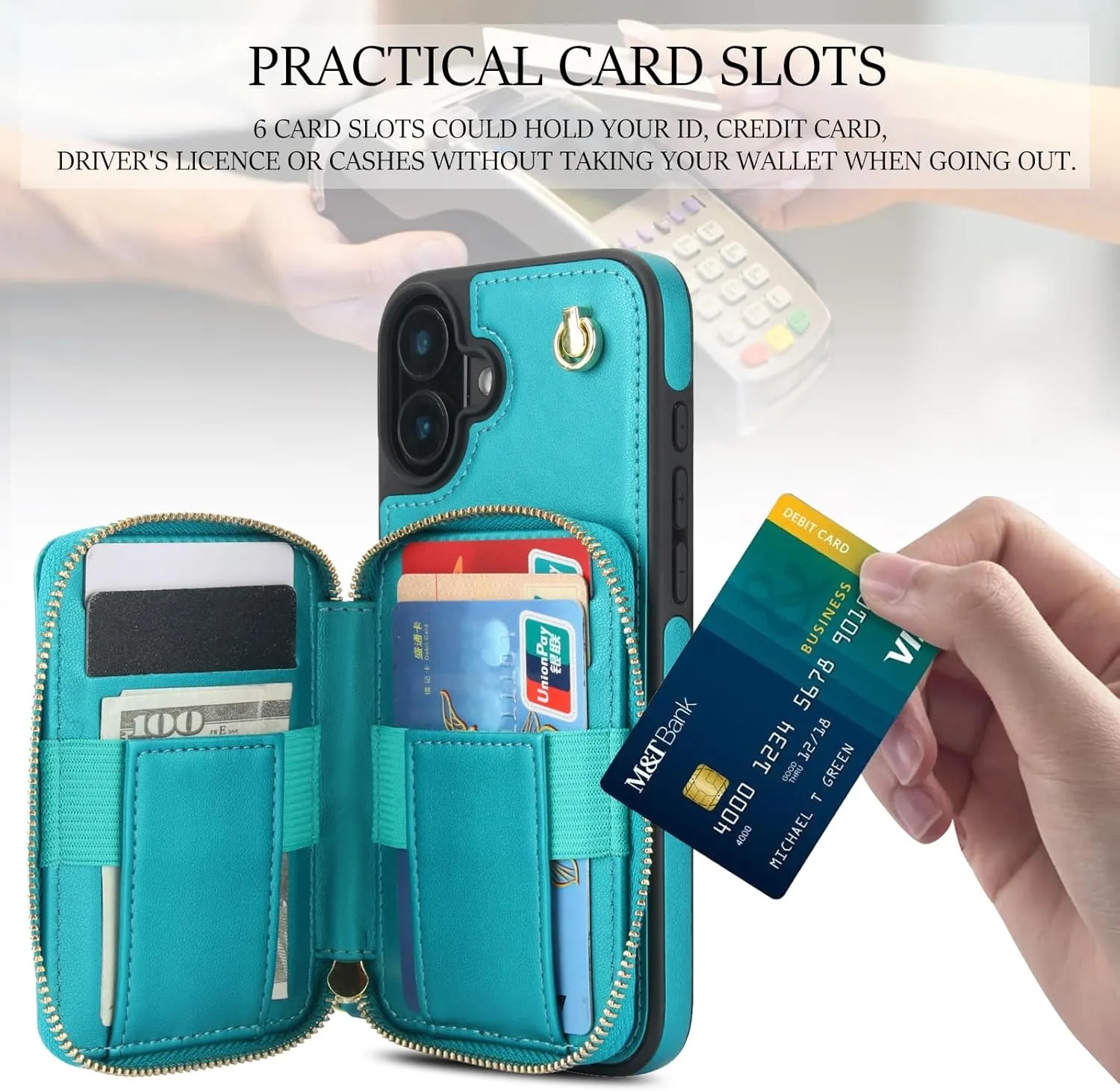 Zipper Phone Case with RFID Blocking Card Holder Wrist Strap Purse 6