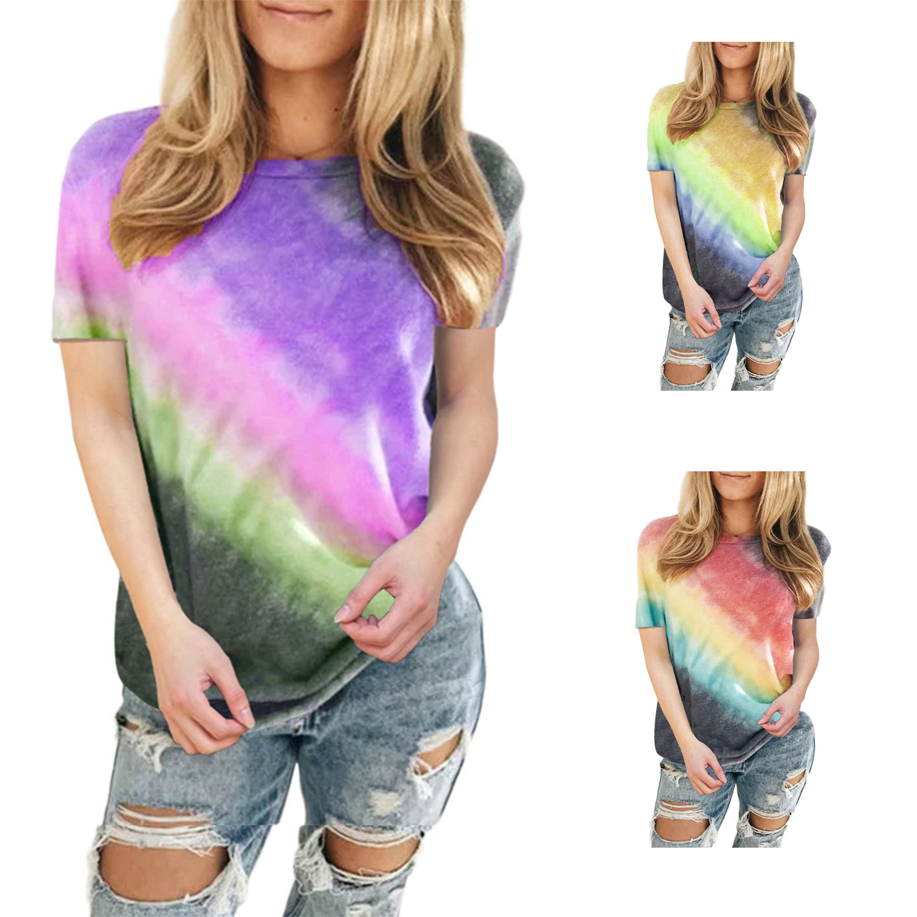 Gradient Color Printing Round Neck T-shirt 1