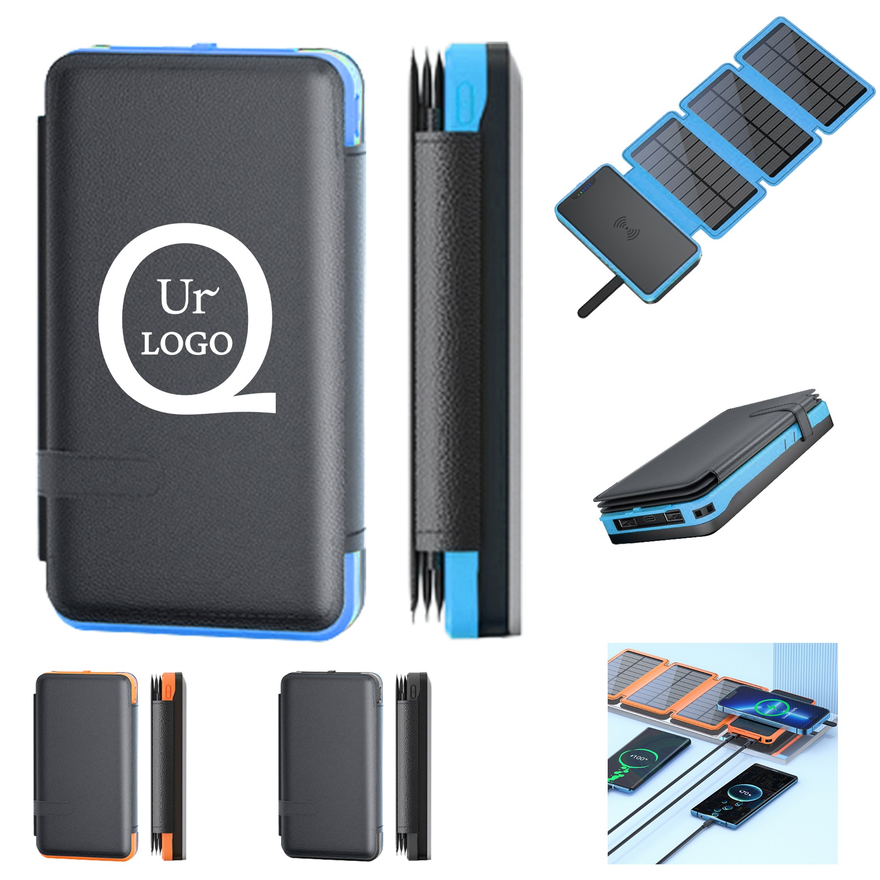 Wireless Charging Three Solar Panels Power Bank Flashlight