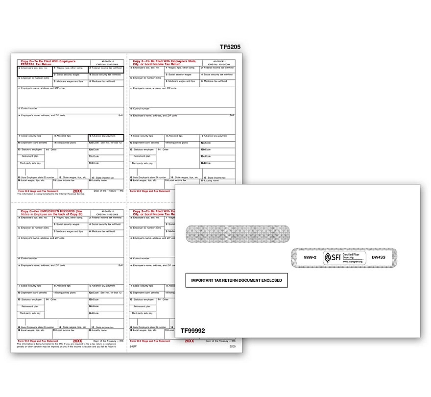 W-2 Tax Forms Set, 4-Up Laser & Envelope Kit - 50 Sets/Pk 1