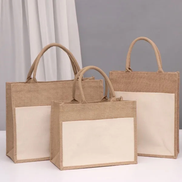 Large Jute Tote with Canvas Front Pocket, custom tote bag with logo imprint 2