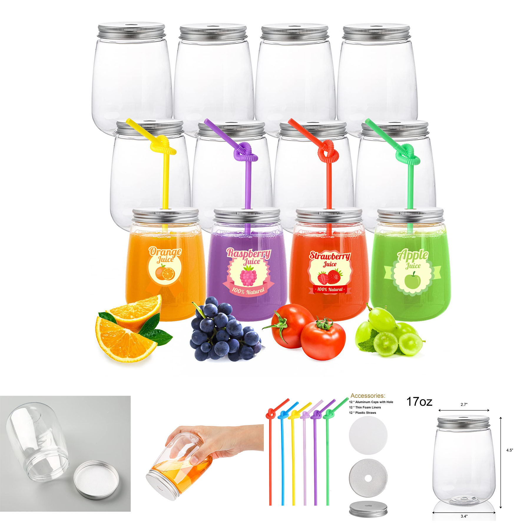 17 Oz Plastic Juice Bottles with Lid and Straws 2