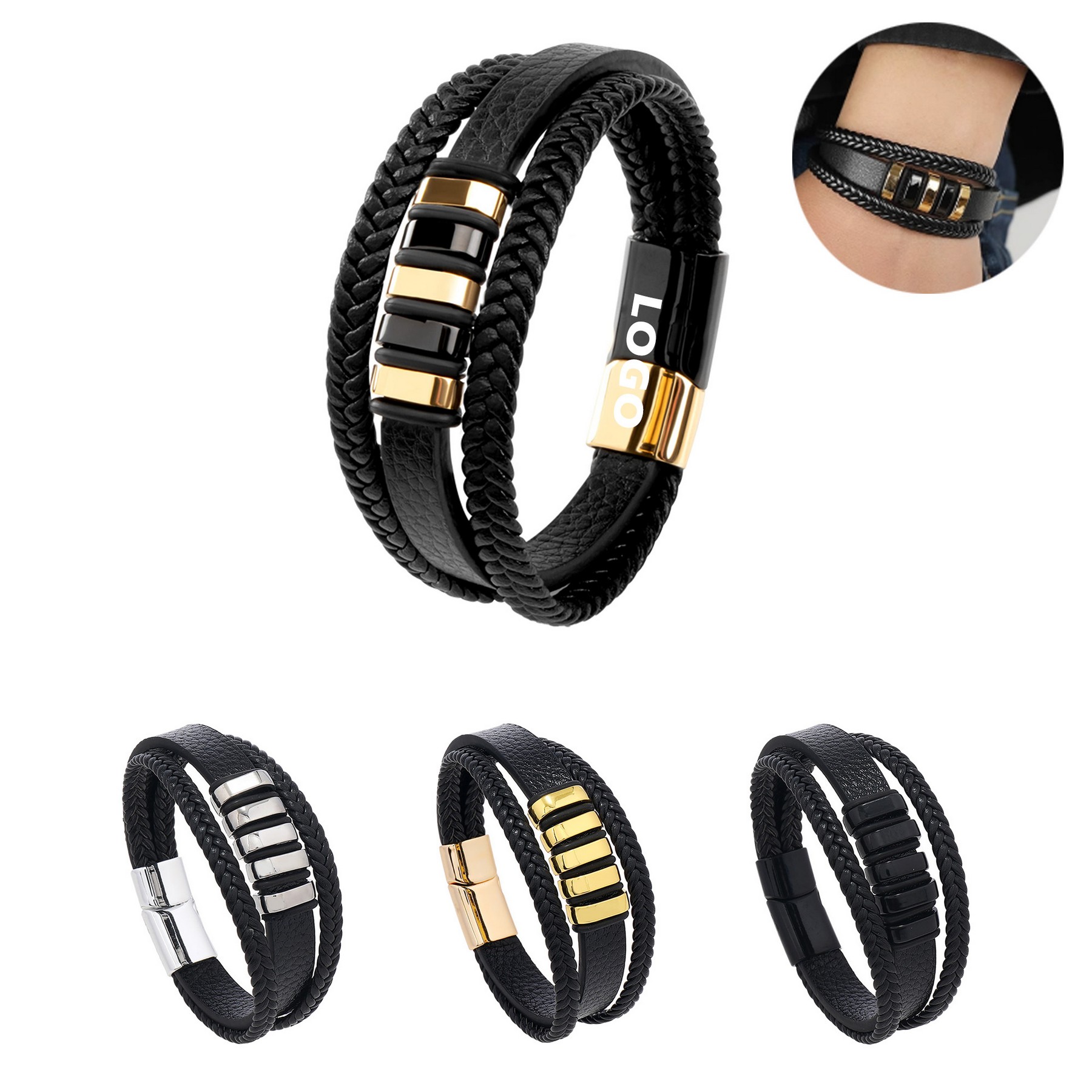 Stainless Steel Leather Cord Magnetic Bracelet