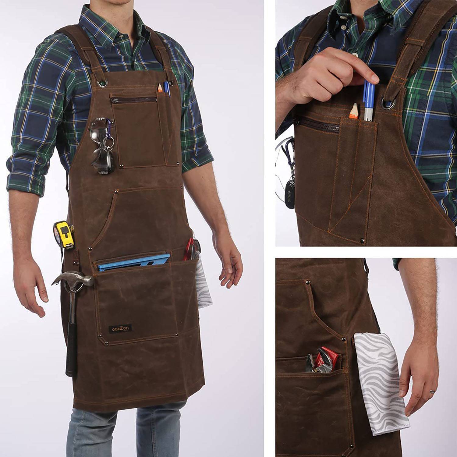 Long Adjustable Waxed Canvas Shop Apron w/ Pockets 5