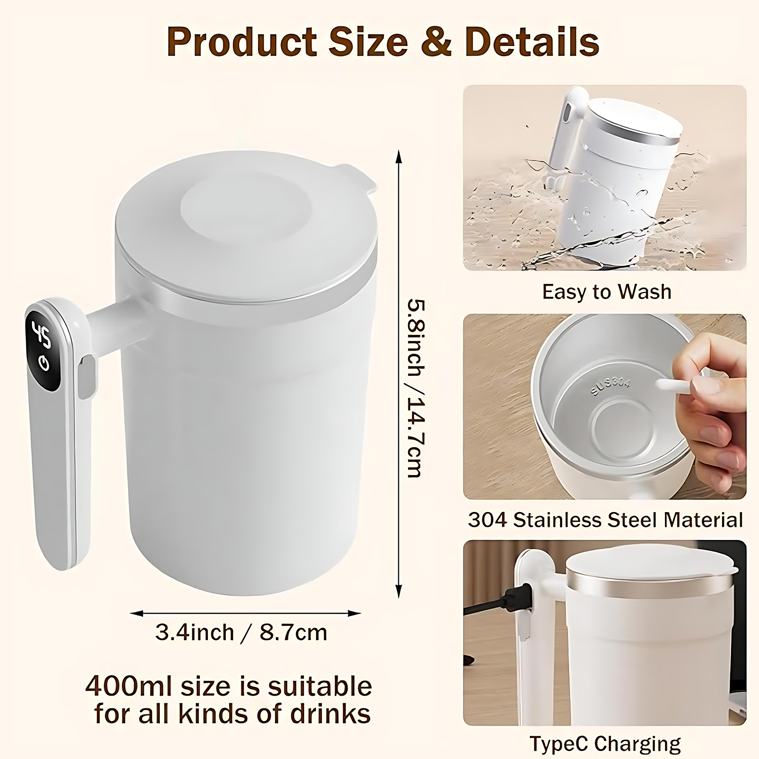 13oz Stainless Steel Electric Stirring Cup for Milk Coffee 7