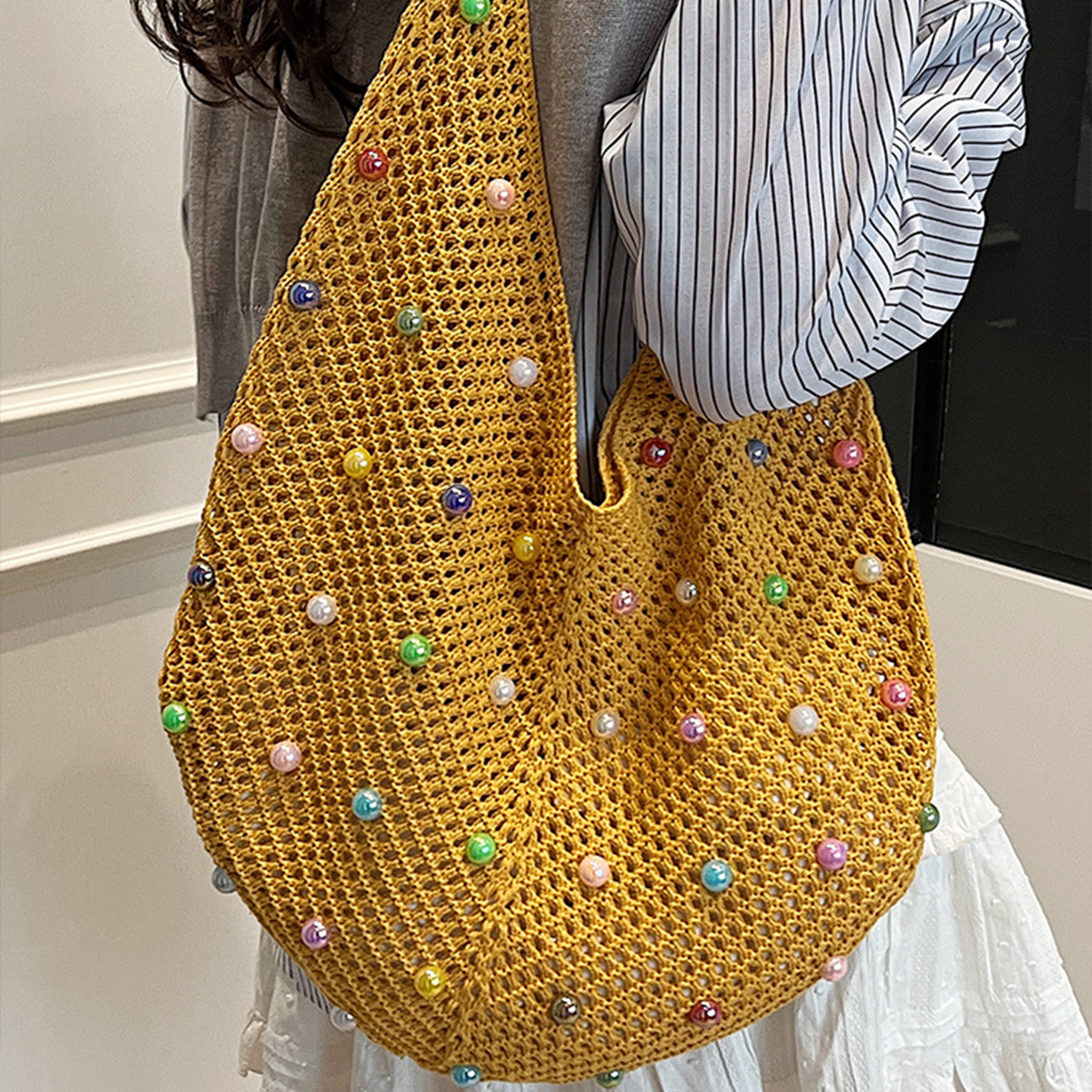 Knit Large Capacity Color Hollowed Out Beach Bag 3