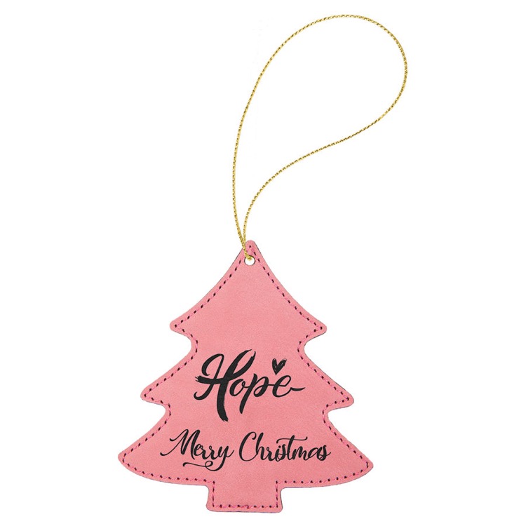 Pink Leatherette Tree Ornament with Gold String 2