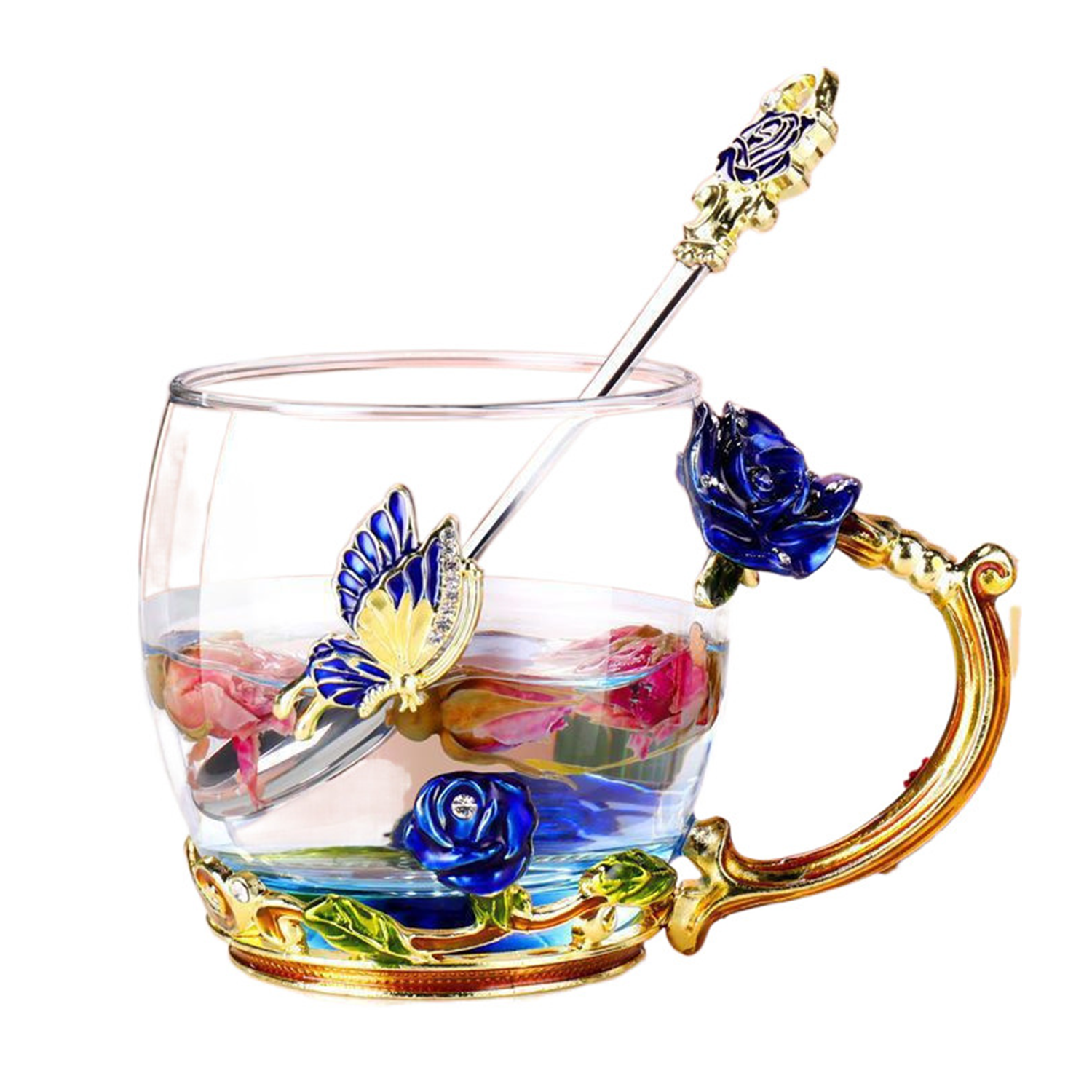10/11oz Enamel Rose Butterfly Glass Mug Tea Cup w/ Spoon 2