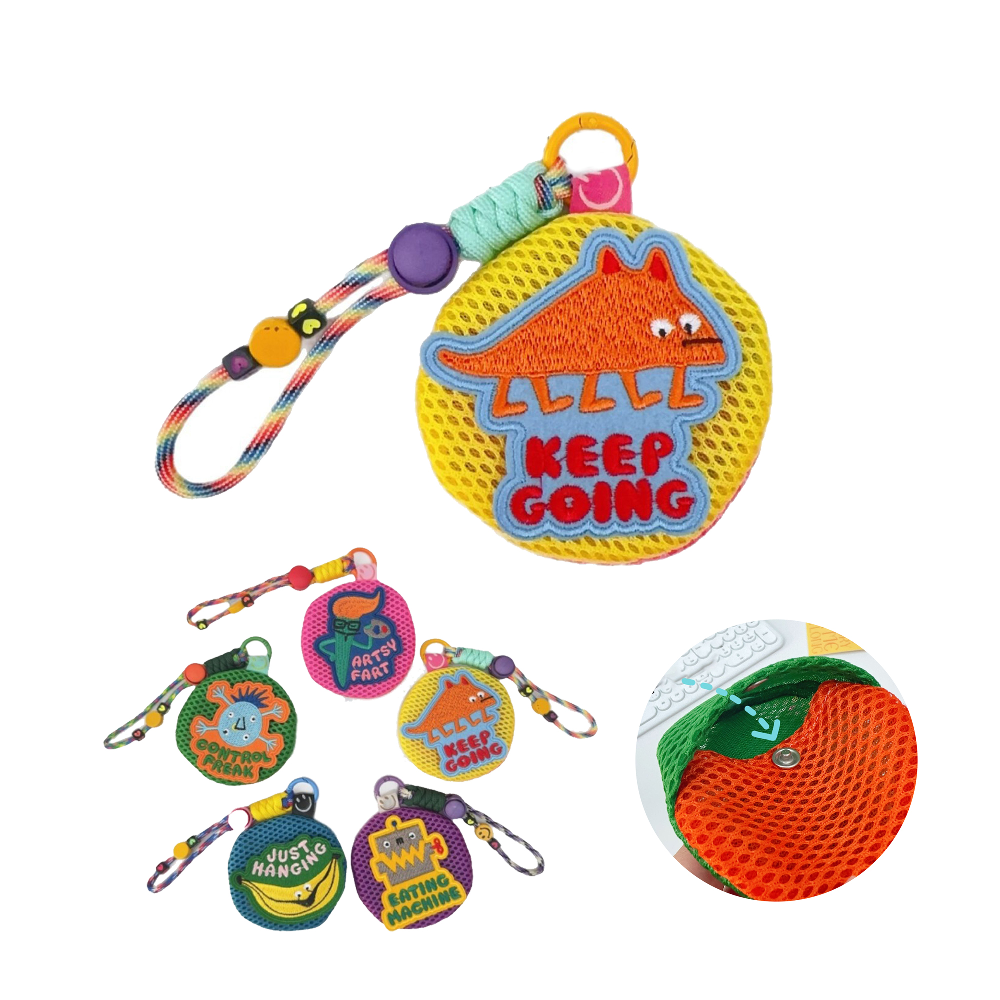 Colorful Mesh Keychain Pouch with Cartoon Patch 1