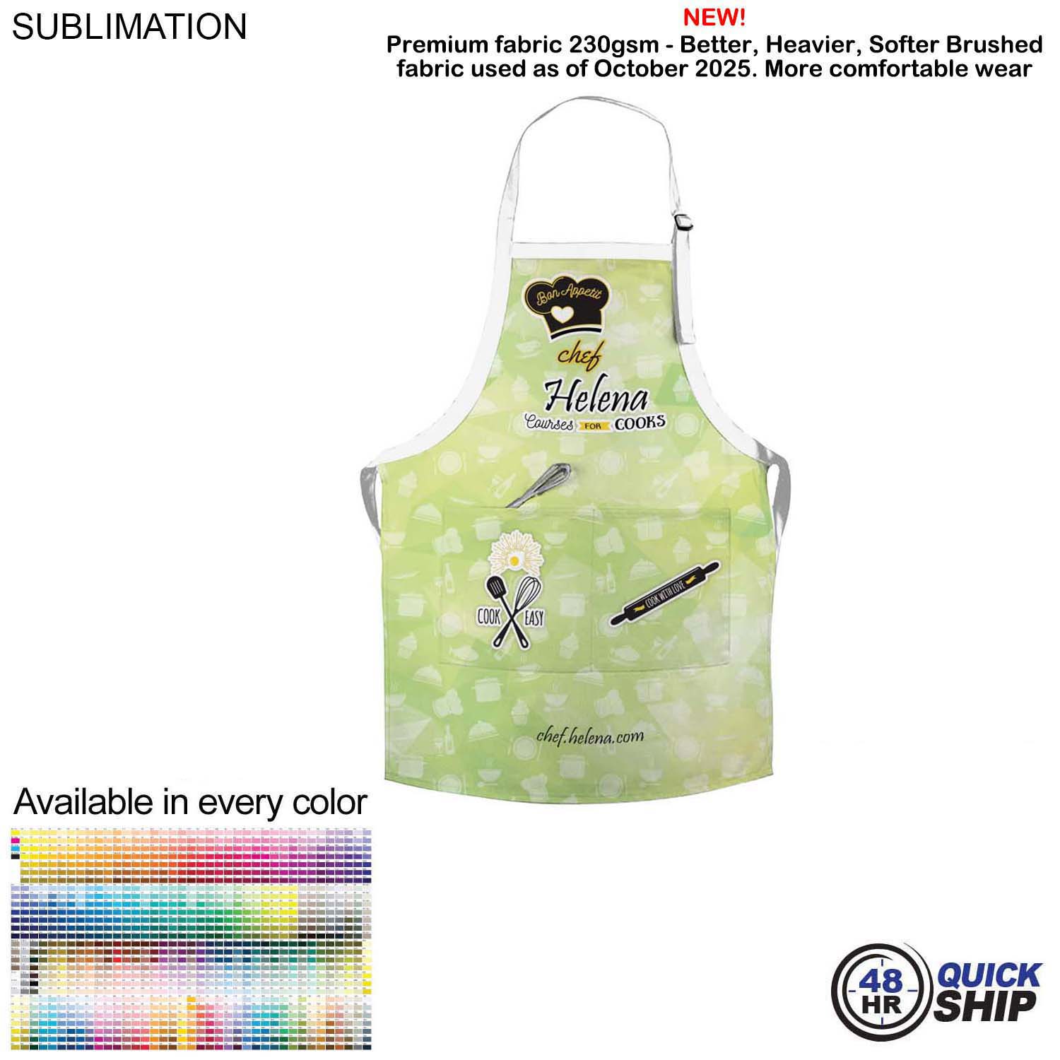 48 Hr Quick Ship - Domestic made Bib Apron, 25x28, 2 Pockets, Adjustable Neck, Sublimated