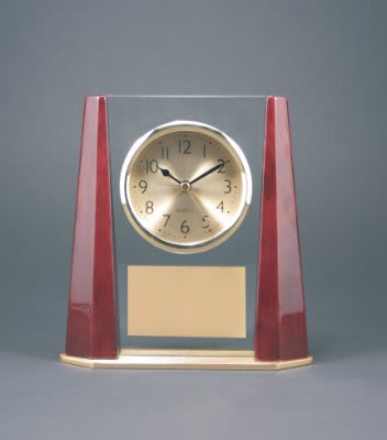 7" Glass Desk Clock with Rosewood Finish Bevel Columns 2