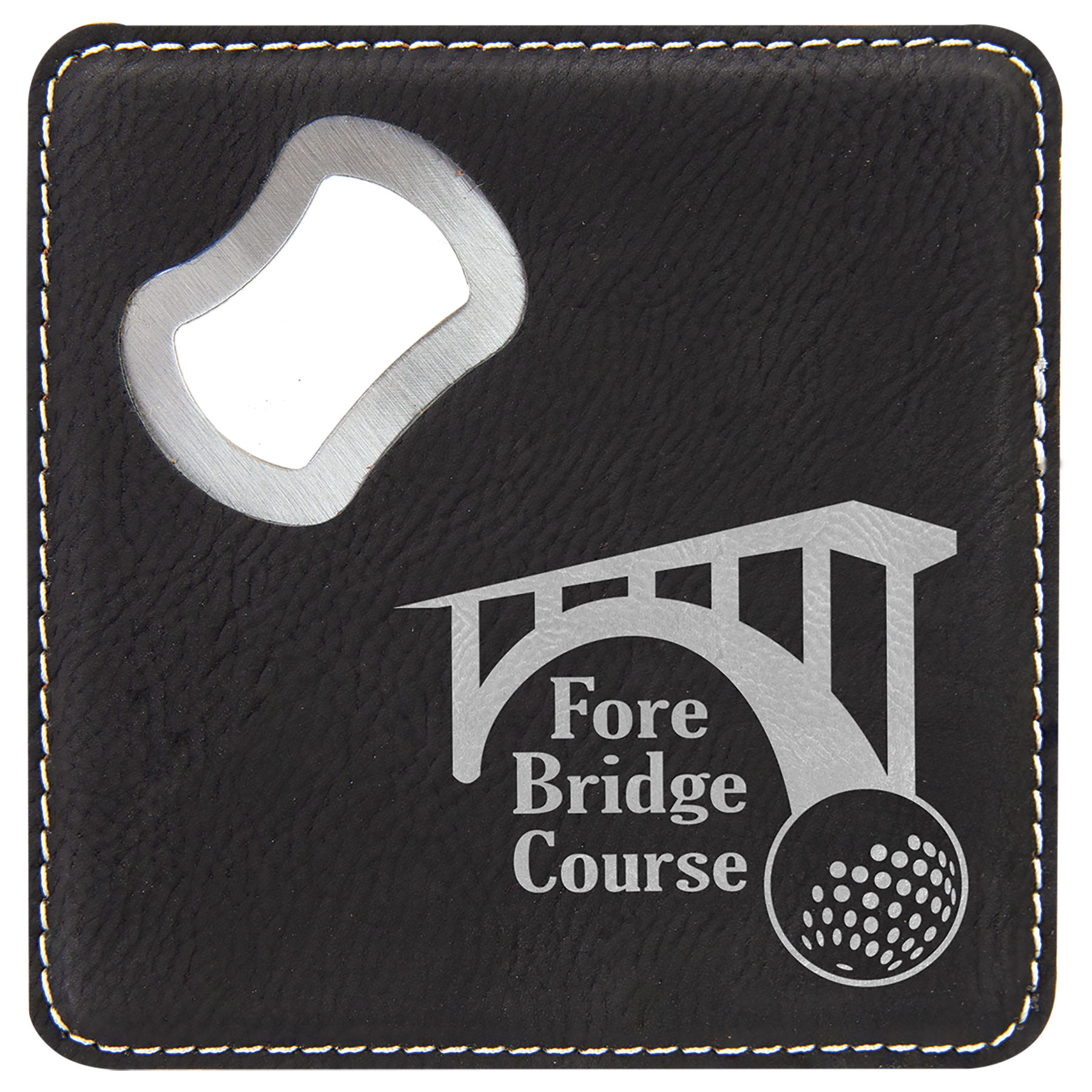 4" x 4" Square Black/Silver Leatherette Coaster with Bottle Opener 2