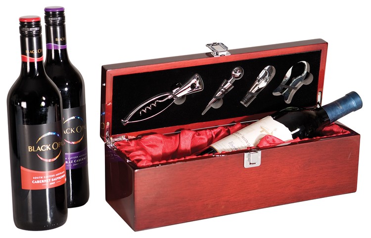 Rosewood Piano Finish Single Wine Box with Tools (engraved plate)