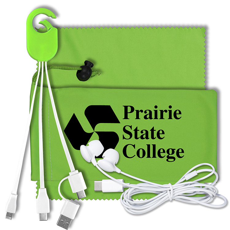 Mobile Tech Charging Kit with Earbuds in Microfiber Cinch Pouch Components inserted into Microfiber 4