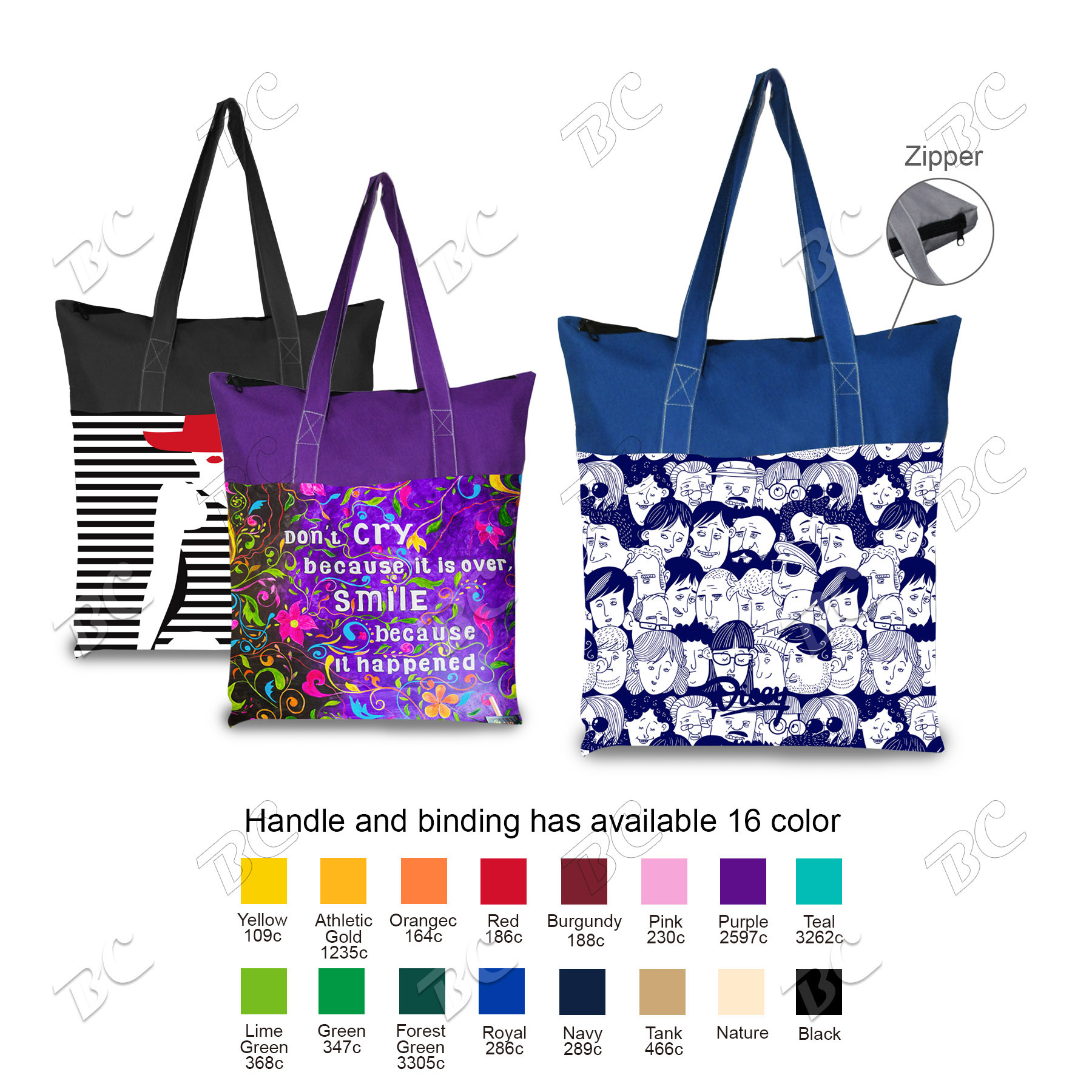 Two-Tone Full Color 5 oz Cotton Canvas Tote Bag with zip top 15"x15"x3.25" 3