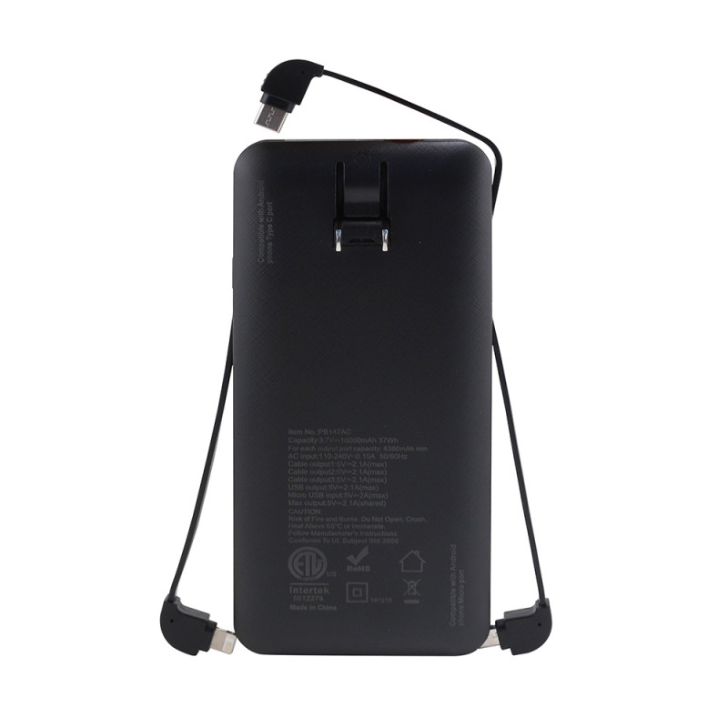 Charge All 10k - 10,000 mAh Power Bank with Integrated Charging Cables and AC Plug 10