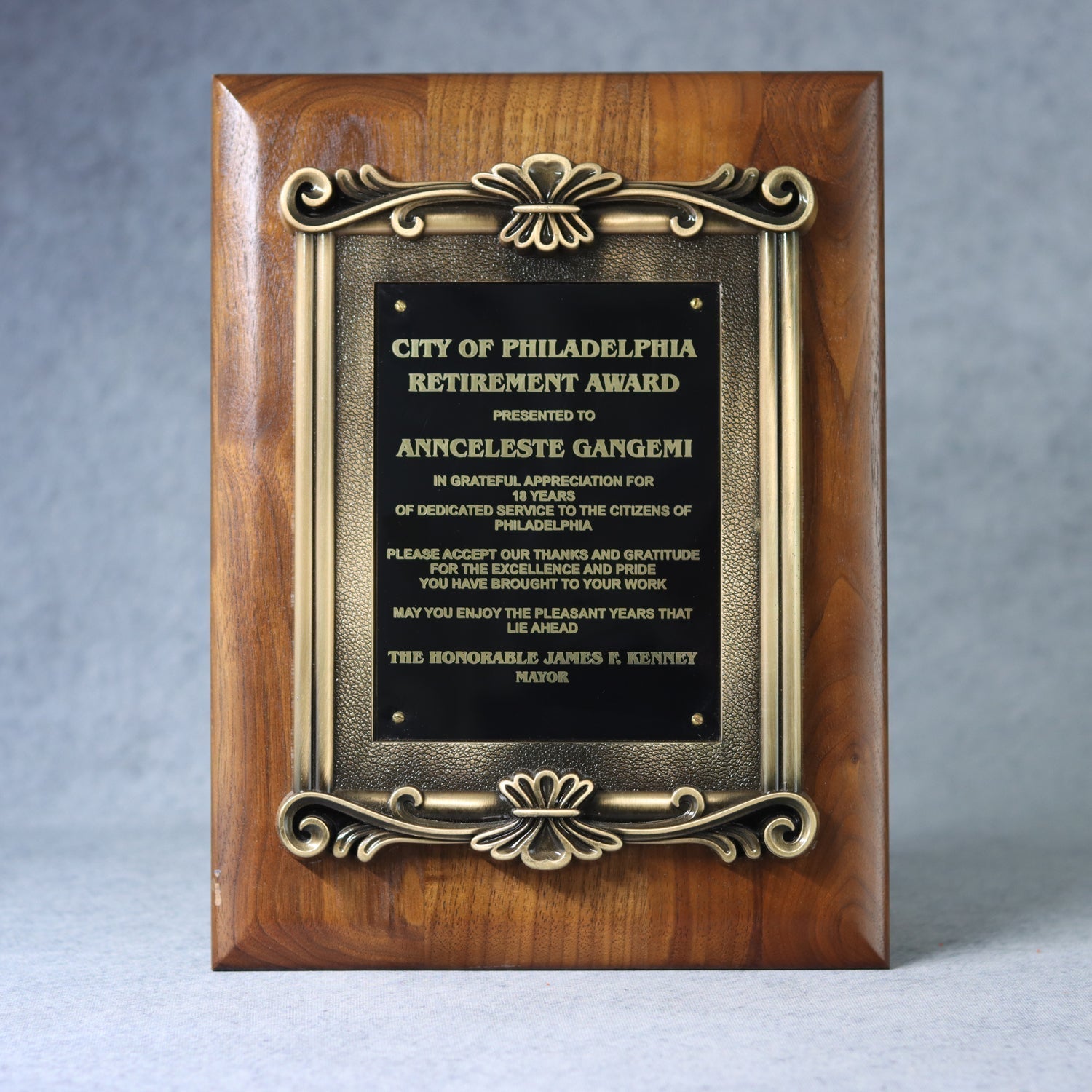 Solid Walnut Plaque With Cast Antique Gold Metal Scroll Frame 3