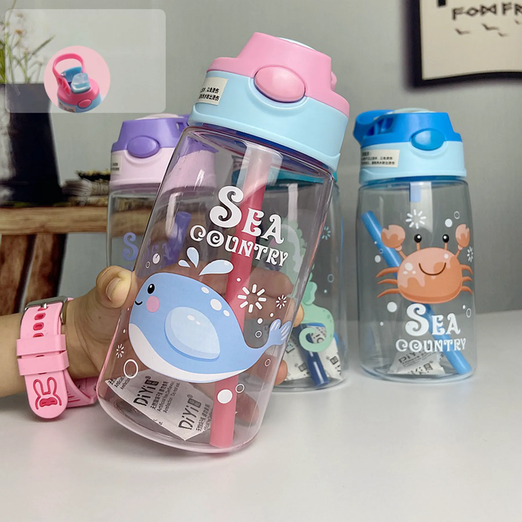 16 Oz. Cartoon Plastic Water Bottle with Straw 14