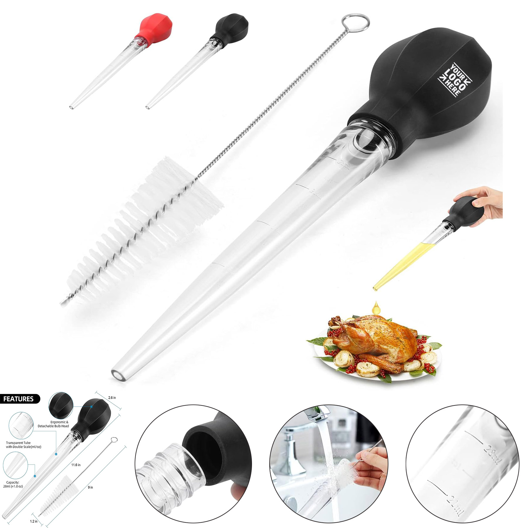 Large Powerful Turkey Chicken Beef Bulb Baster Syringe with Cleaning Brush Cooking Premium Tool 1