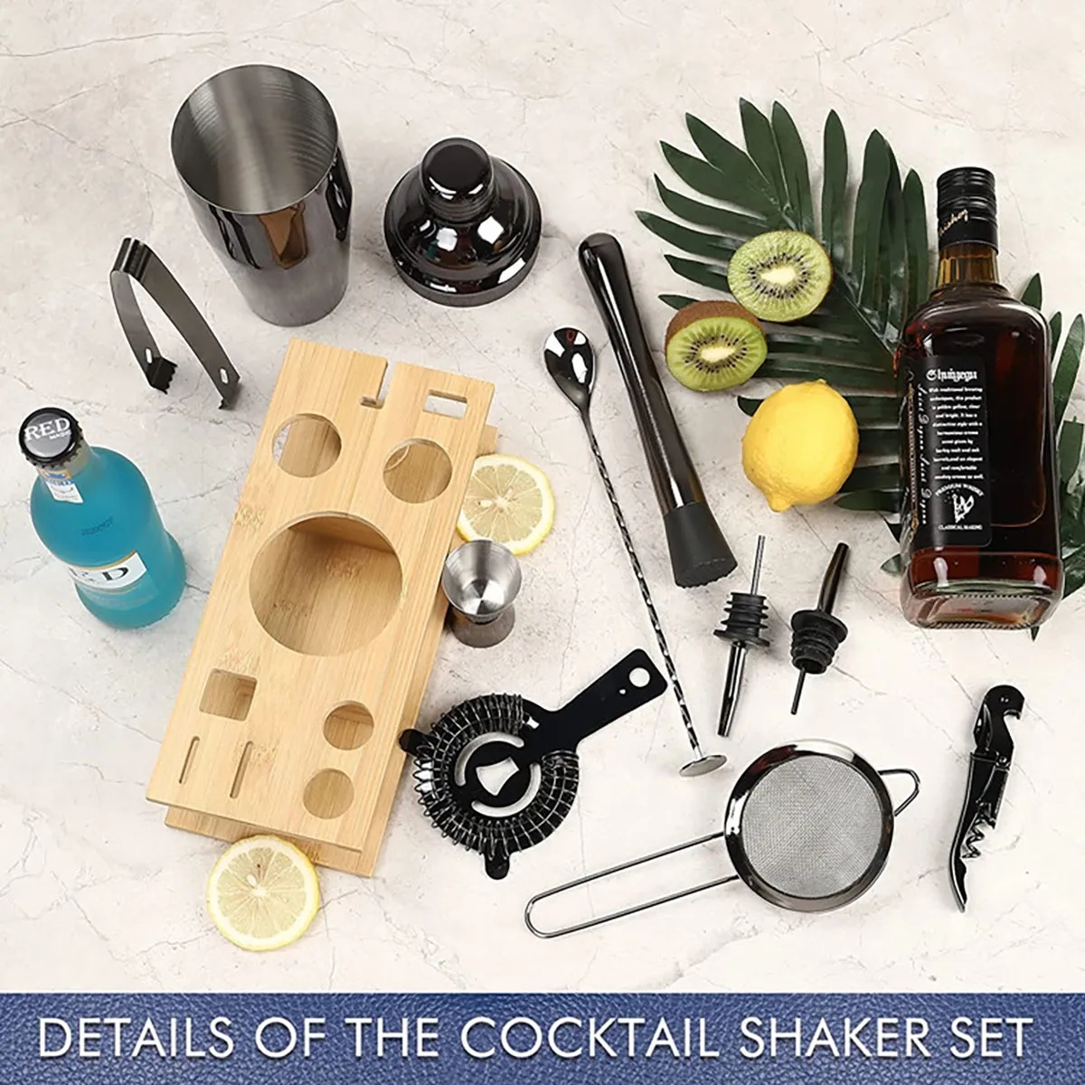 11pcs Cocktail Bartender Shaker Set with Bamboo Stand 6