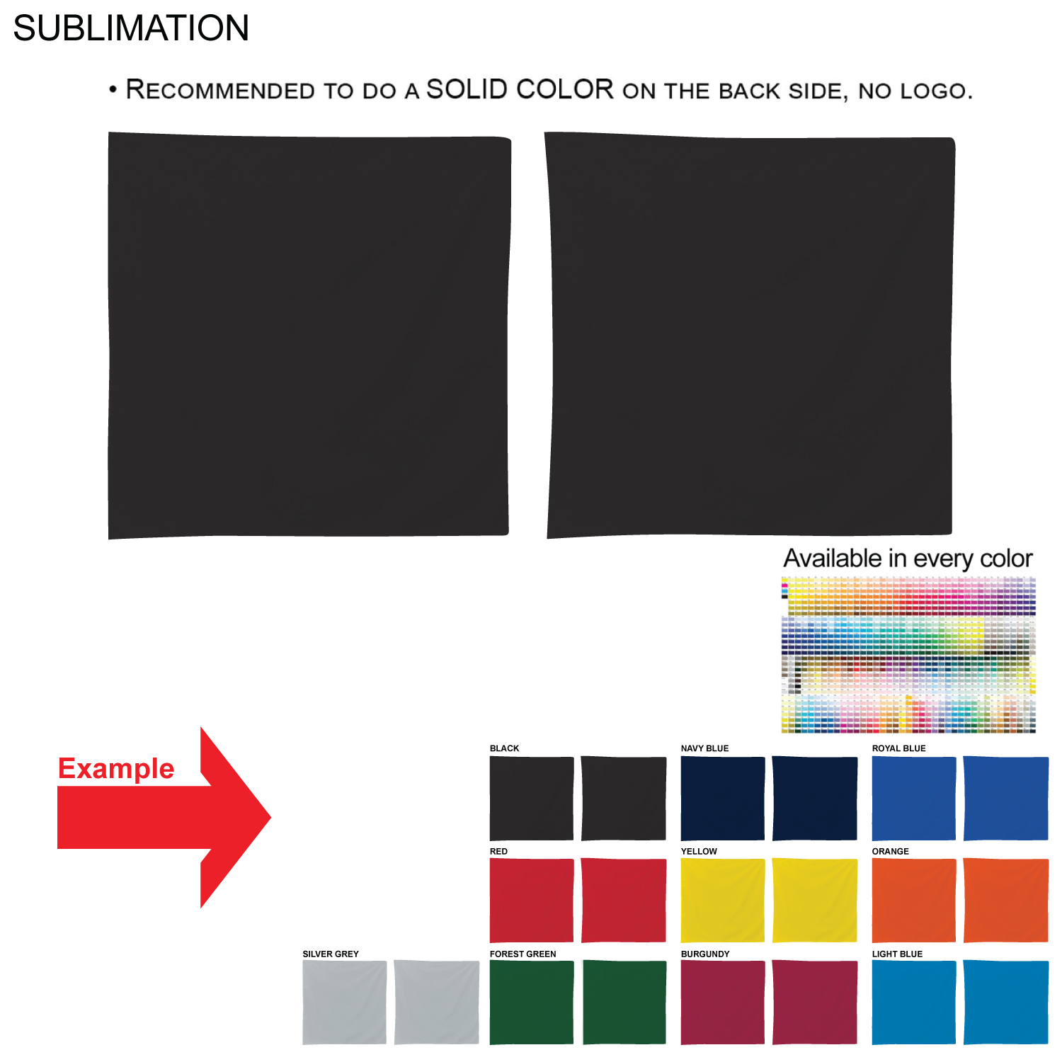 Colored Sublimated Bandana, 22x22, Sublimated Edge to Edge 2 sides, Available in every color 3
