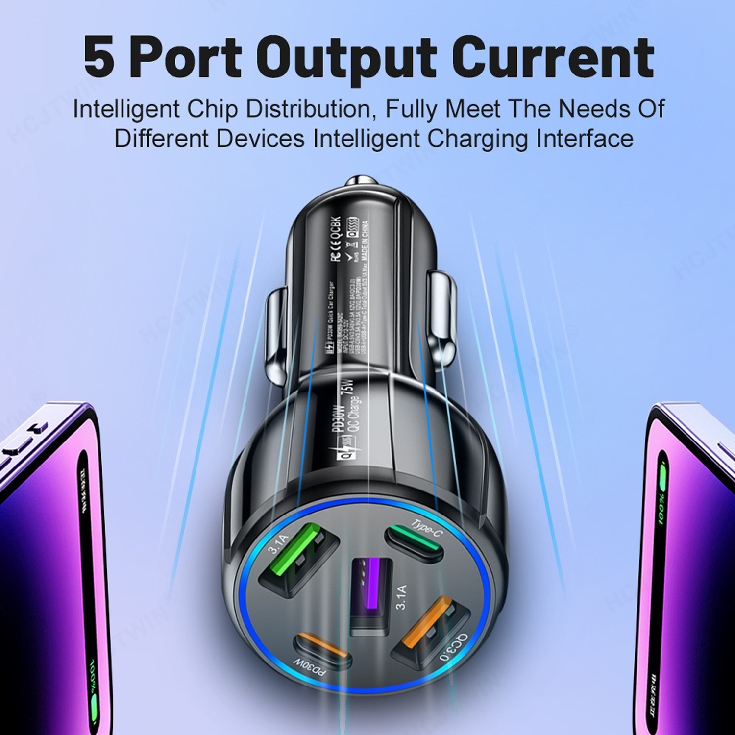 75W 5-in-1 Dual-Port Car Charger 5