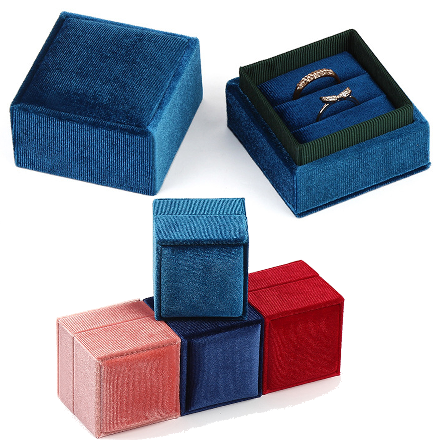 Emerald Green Rectangle Double Gorgeous Antique Velvet Geometric Ring Boxes