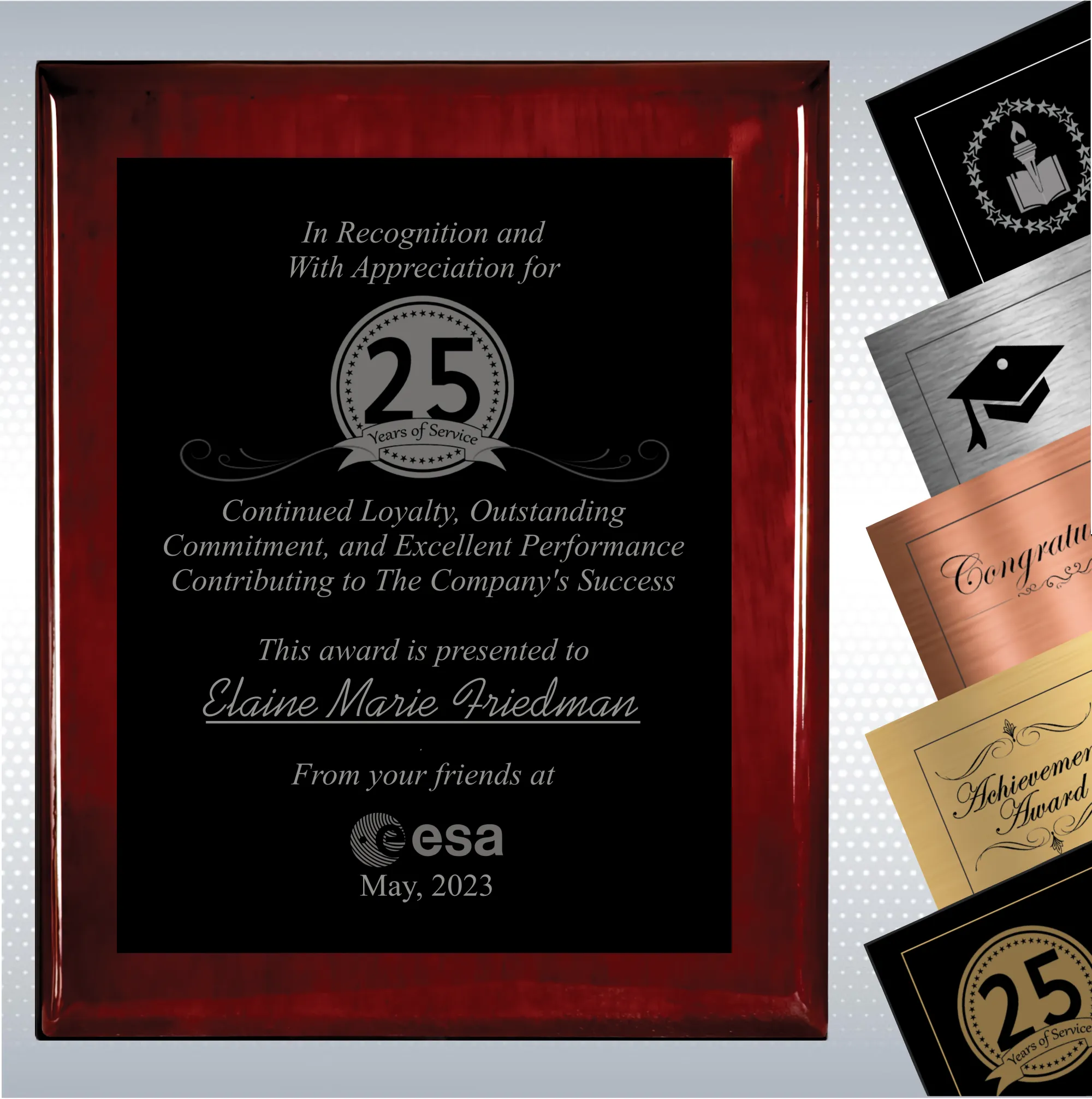 Rosewood Piano Finish Wood Plaque  Years of Service Award 2