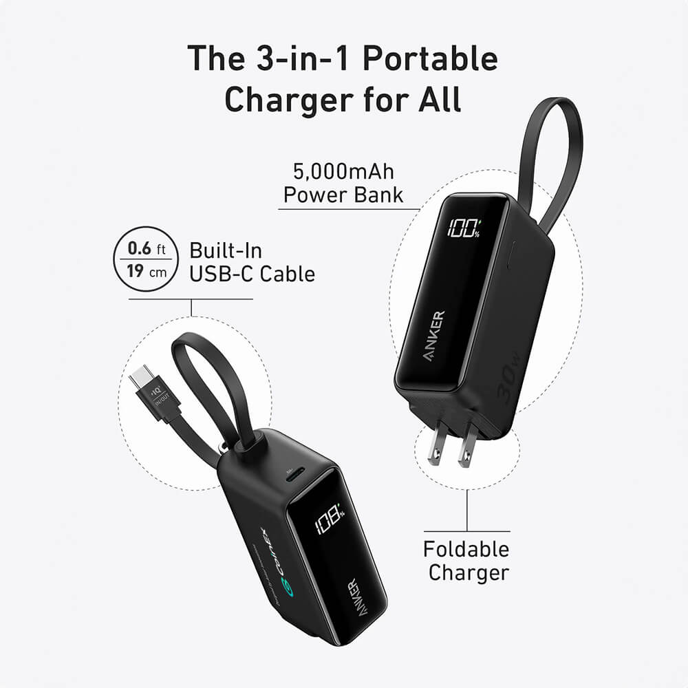 3-in-1 Power Bank 30W Fusion Built-In USB-C Cable