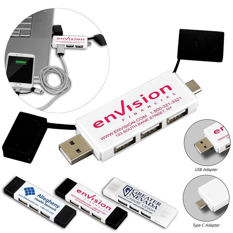 "Freedom" 2 in 1 – 3 Port Mini USB Hub with Type A & Type C Adapter 25