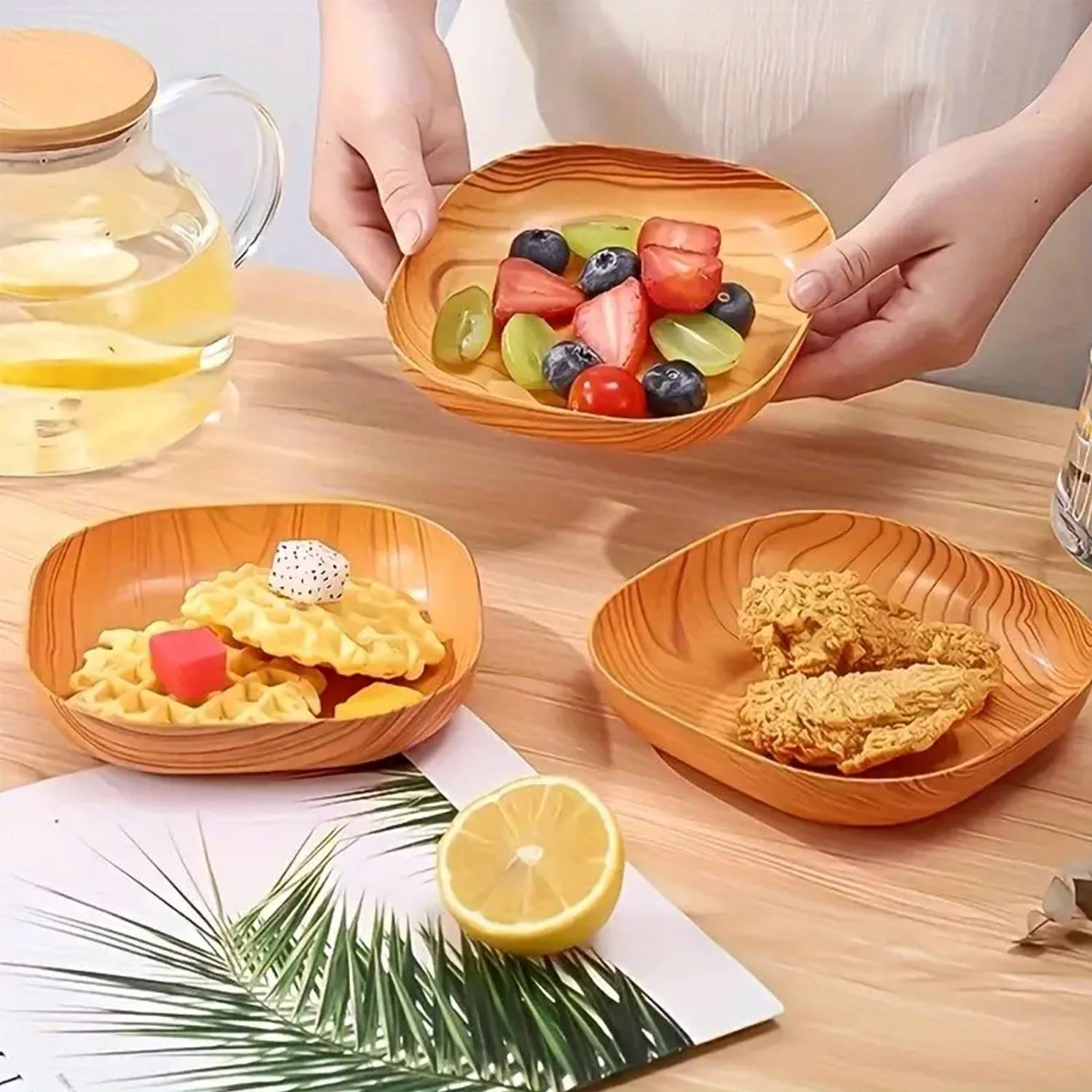 5.5 & 8 IN Faux Wood Grain Plastic Snack Square Plate 3