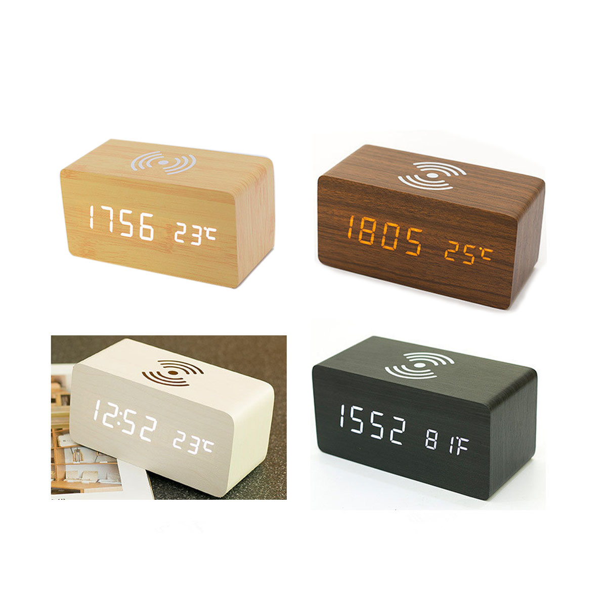 Wood LED QI Wireless Sound Control Clock 6