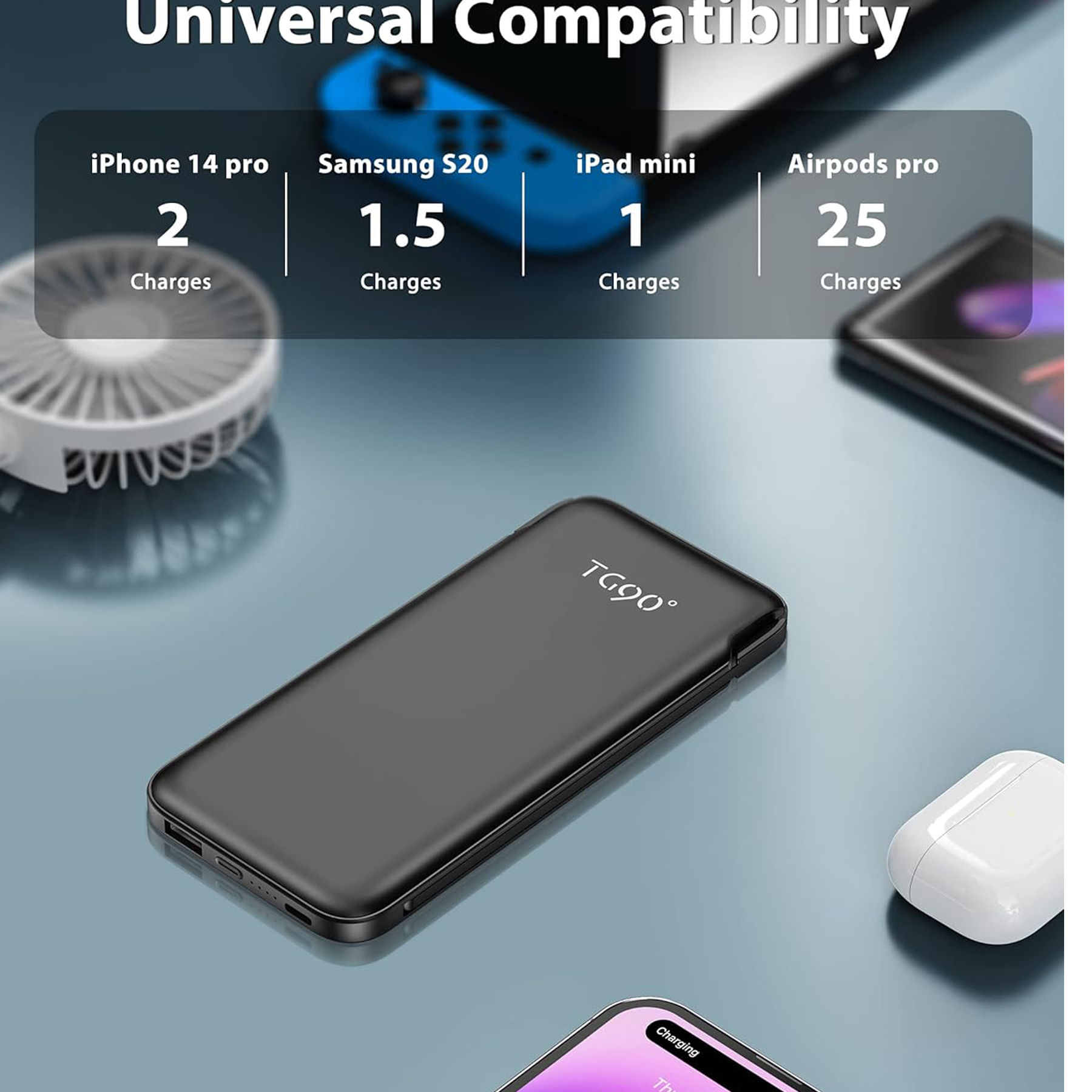 10000mAh Portable Power Bank with AC Plug and Built-in Cables 3