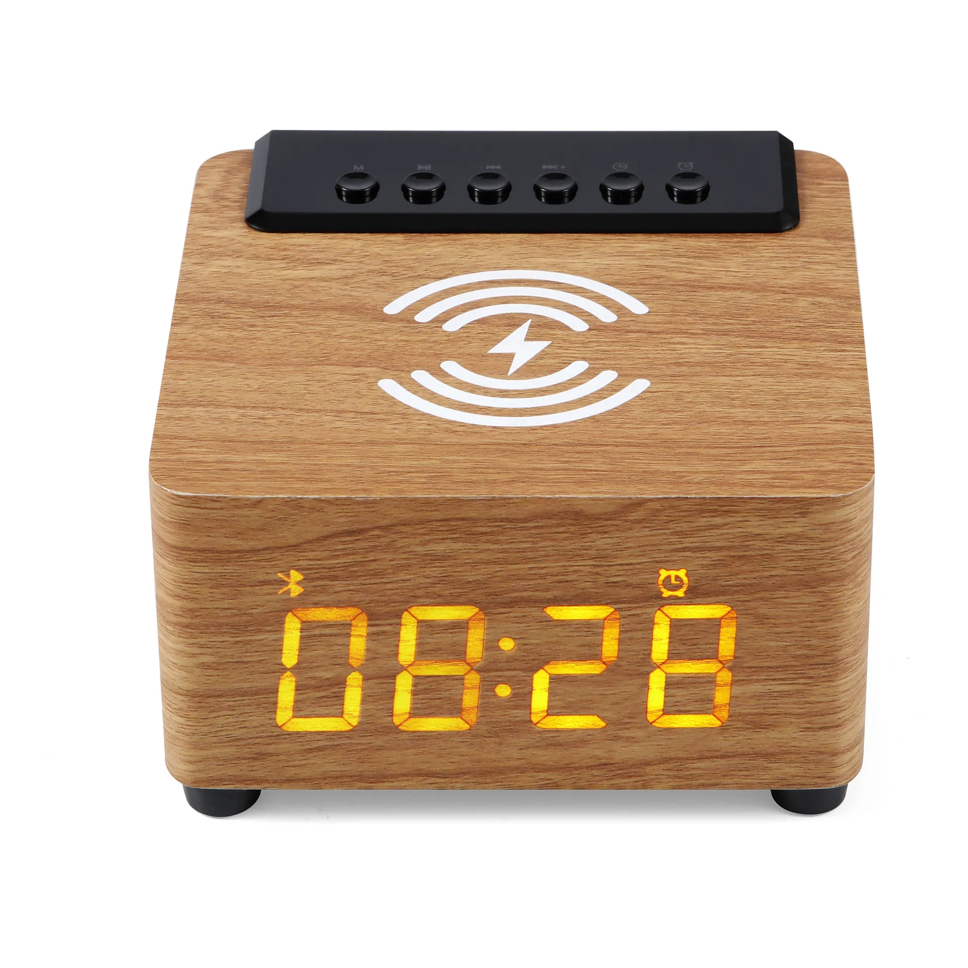 Wooden Digital Alarm Clock with Wireless Charging 1