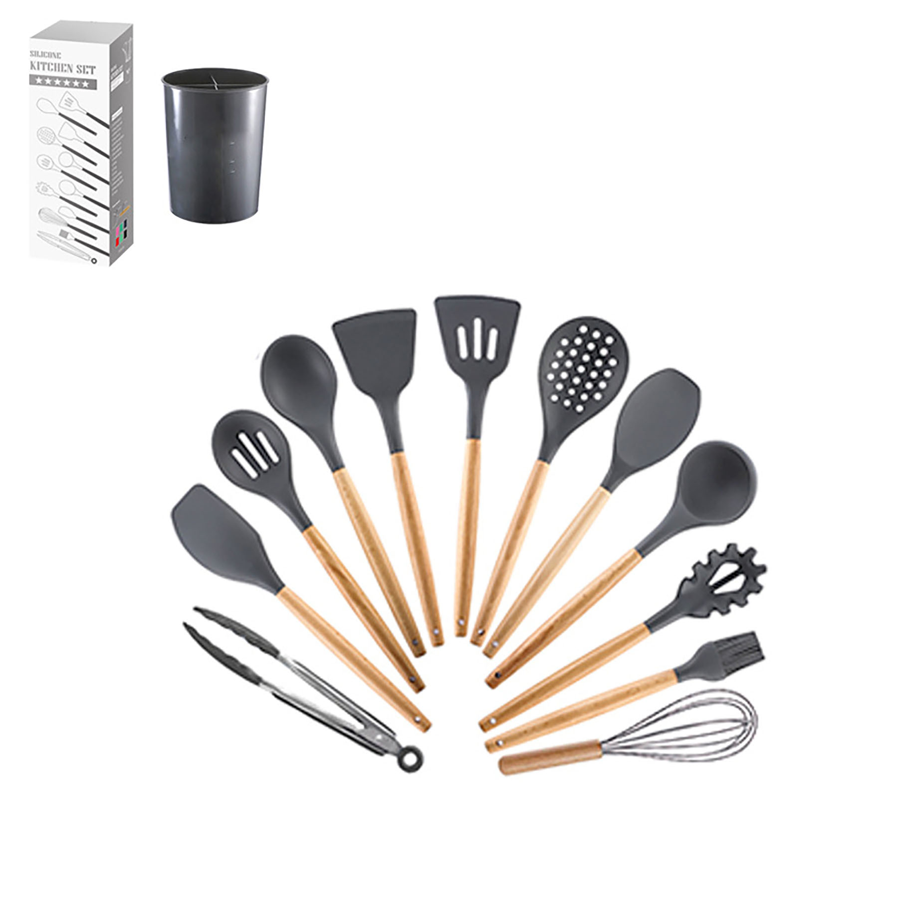 12 Pcs Non-stick Silicone Cooking Kitchen Utensils Spatula Set w/ Holder Wooden Handles 2