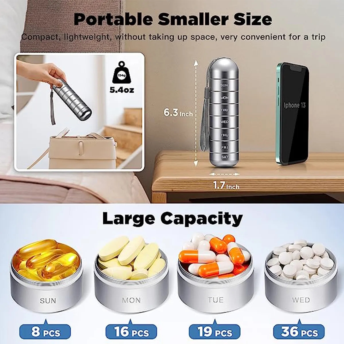 Portable Small Travel Waterproof Metal Weekly Pill Organizer 8