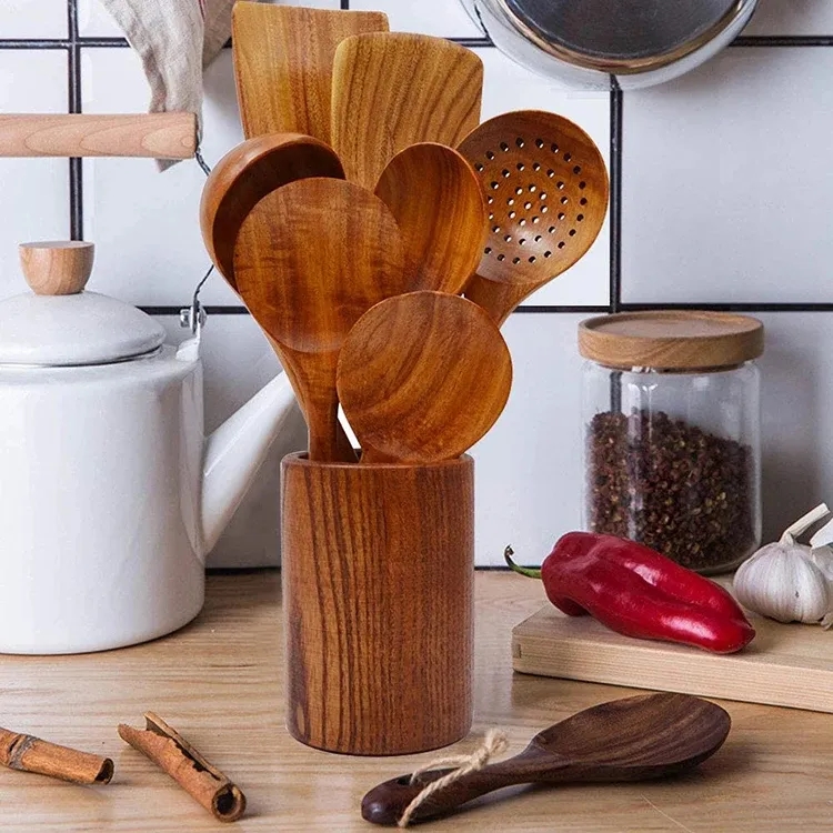 8 Pcs Eco-Friendly Natural Teak Wooden Spoon Spatula Set 4