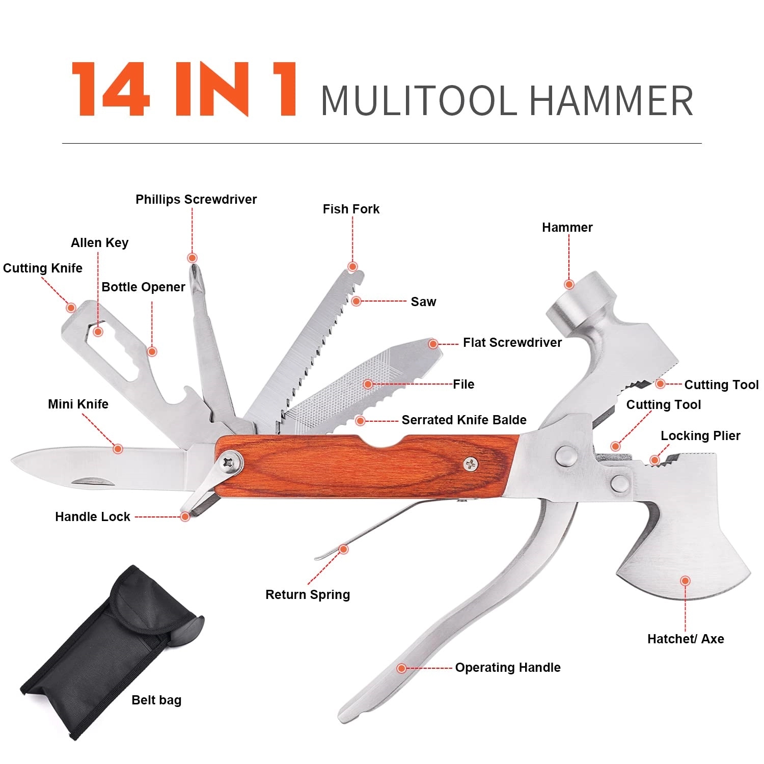 14 In 1 Multifunction Tool Portable Folding Wood Handle 5