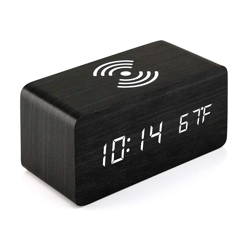 Wooden LED Alarm Clock with Wireless Charger 4